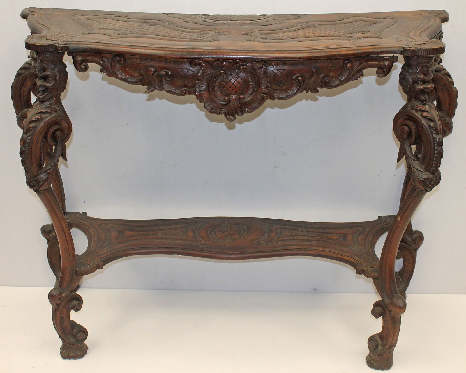 Victorian heavily carved walnut console table - 47 1/2" wide x 36" tall x 18" deep (1 of 10)
