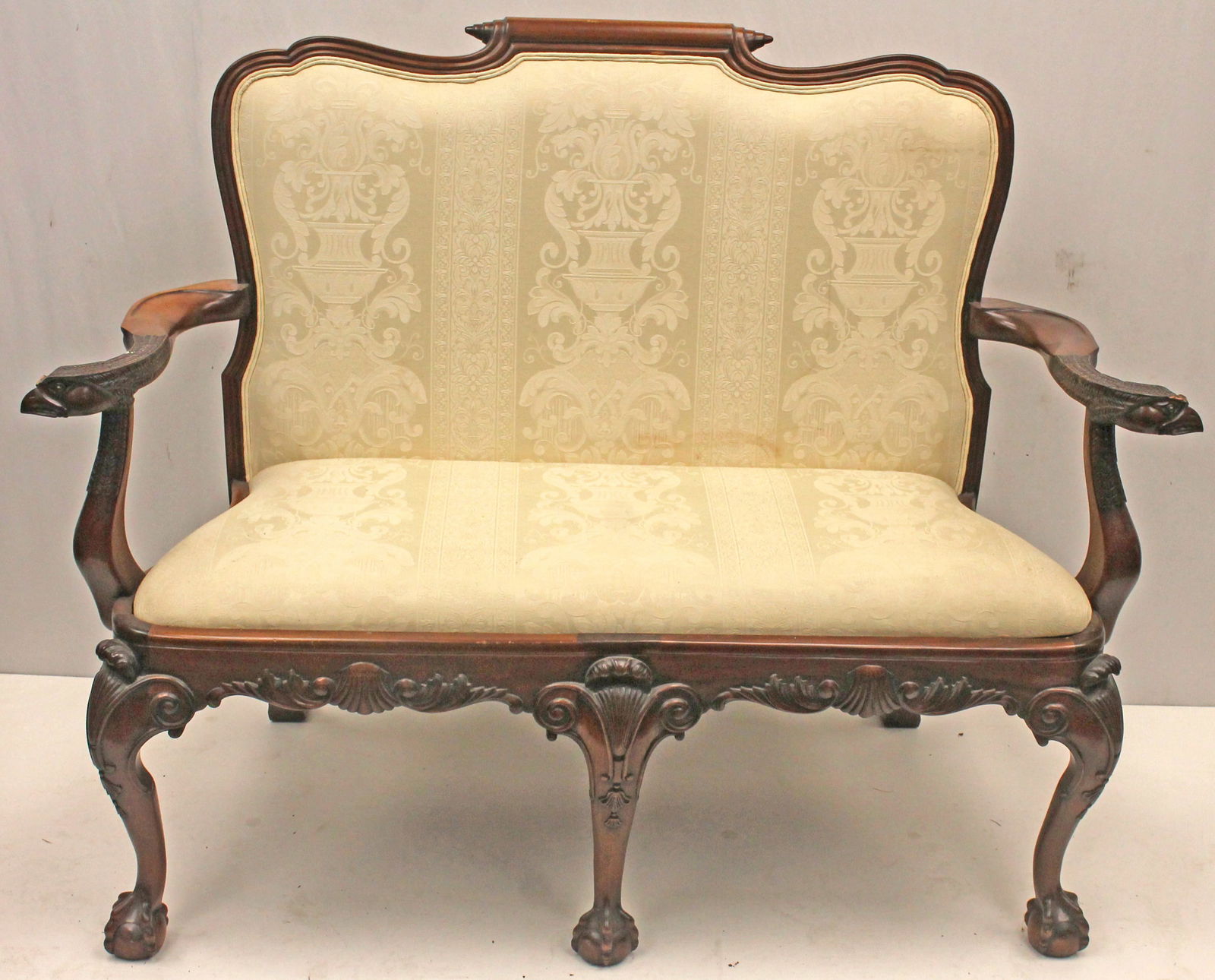 Victorian style 20thC mahogany settee w carved griffin arms & ball & claw feet - 55" wide x 45" tall (1 of 10)