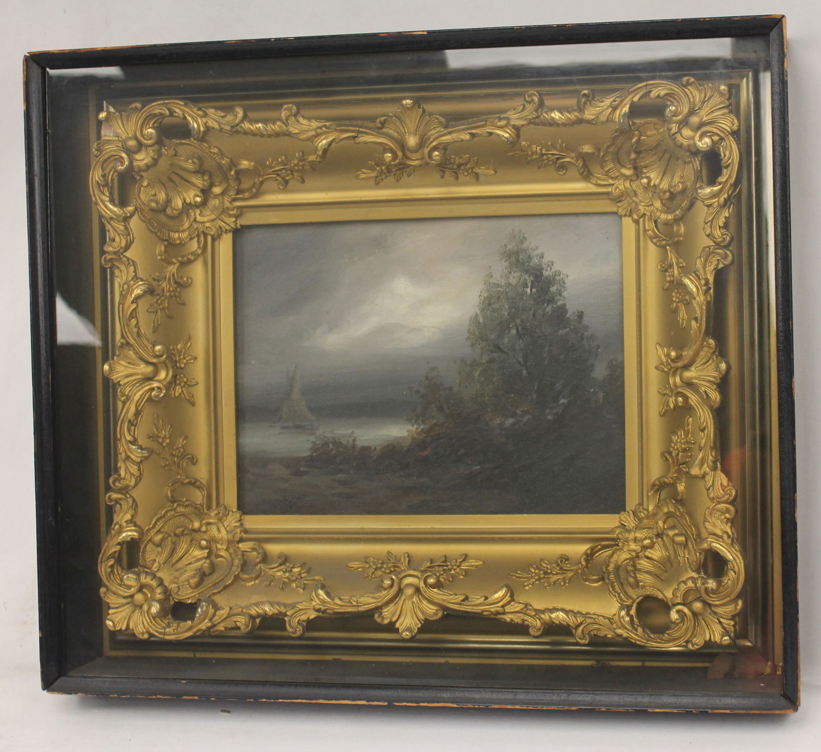 Antique o/c lake scene w sailboat in very fancy carved gold frame protected in shadowbox frame - 18 (1 of 8)