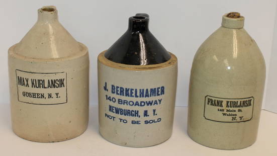 Lot of 3 Stoneware merchant jugs - Max Kurlansik Goshen, NY; Frank Kurlansik Walden, NY; and J.: Lot of 3 Stoneware merchant jugs - Max Kurlansik Goshen, NY; Frank Kurlansik Walden, NY; and J. Berkelhamer, Newburgh, NY - approx 9"- 9 1/2" tall