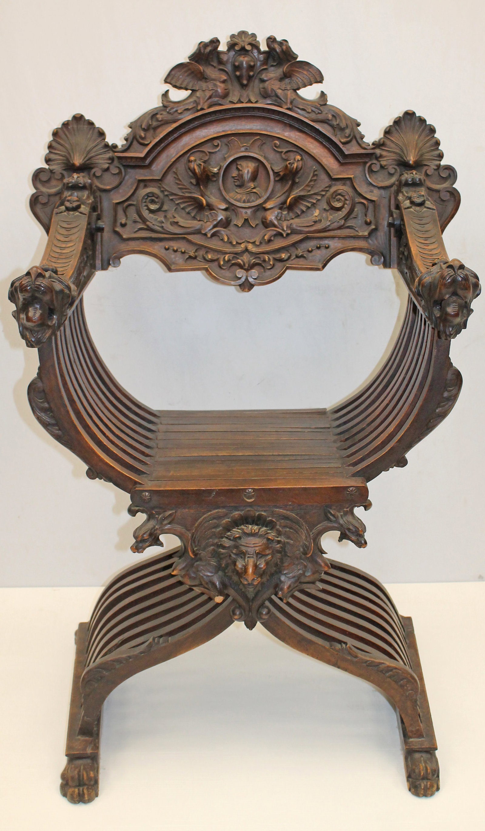 Victorian heavily carved oak Savanarola chair - 44 1/2" tall x 30" wide: Victorian heavily carved oak Savanarola chair - 44 1/2" tall x 30" wide