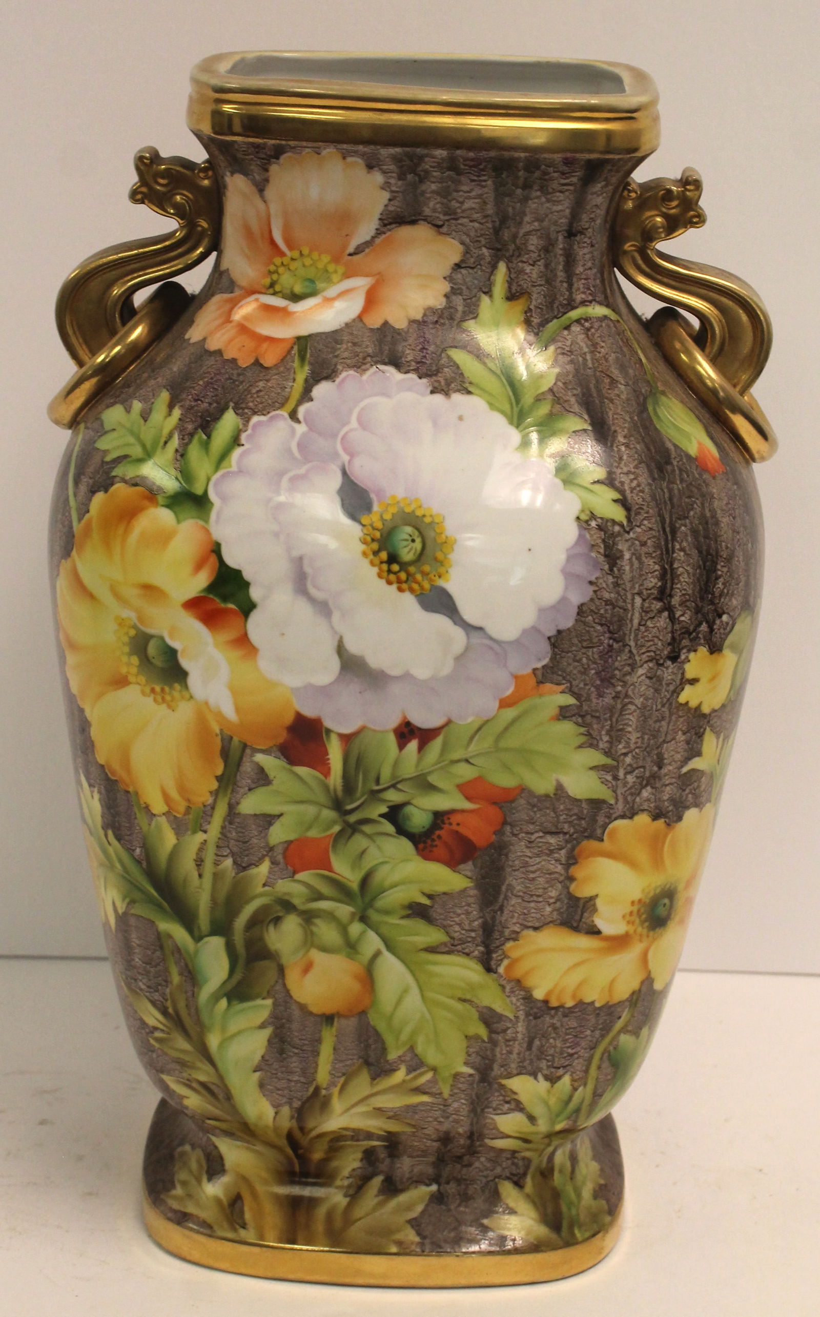 Hand painted Nippon large vase w gold painted lion handles & floral dec - 14 1/2" tall (1 of 8)