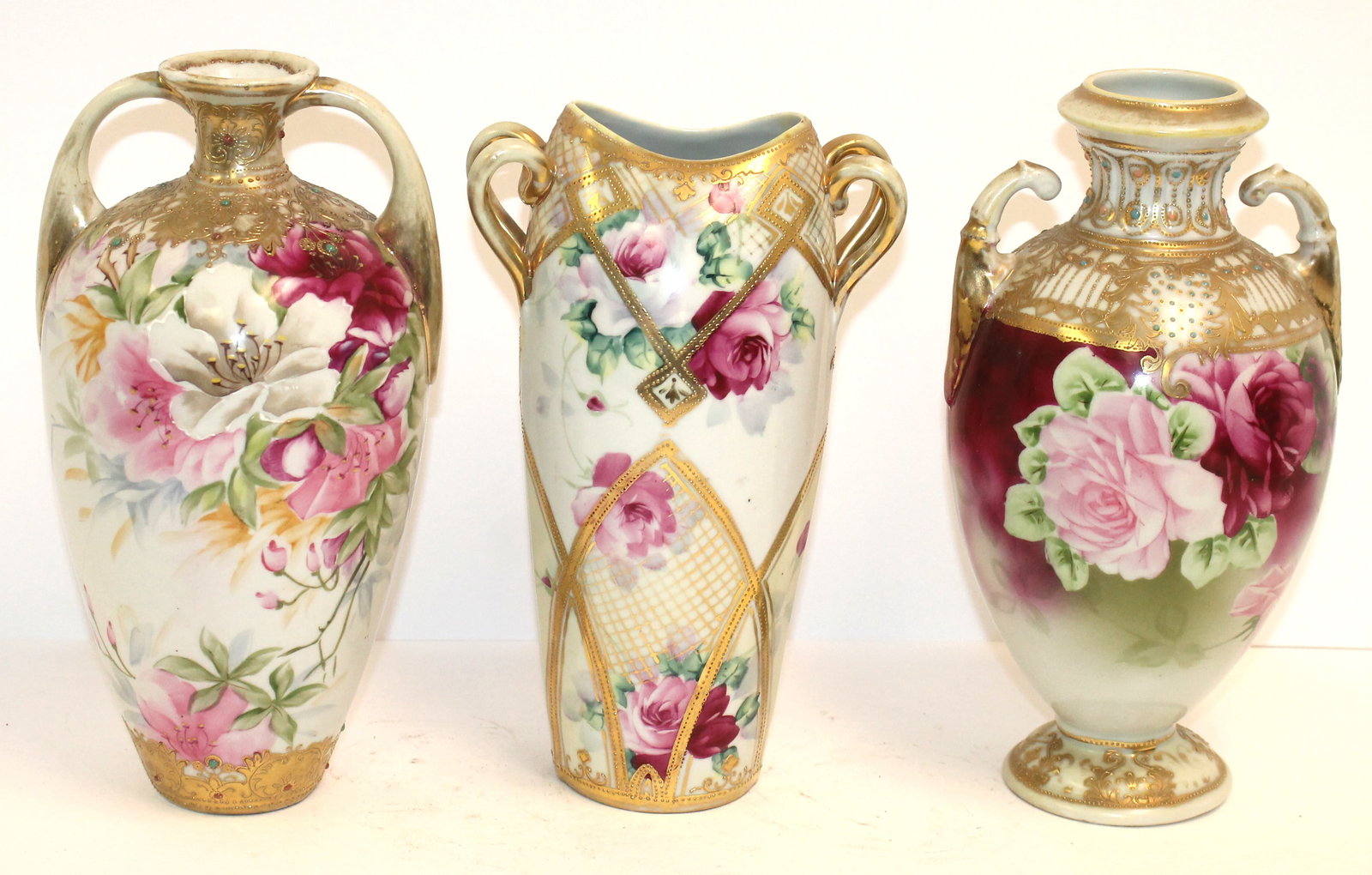 Lot of 3 hand painted Nippon vases w gold & floral dec: Lot of 3 hand painted Nippon vases w gold & floral dec