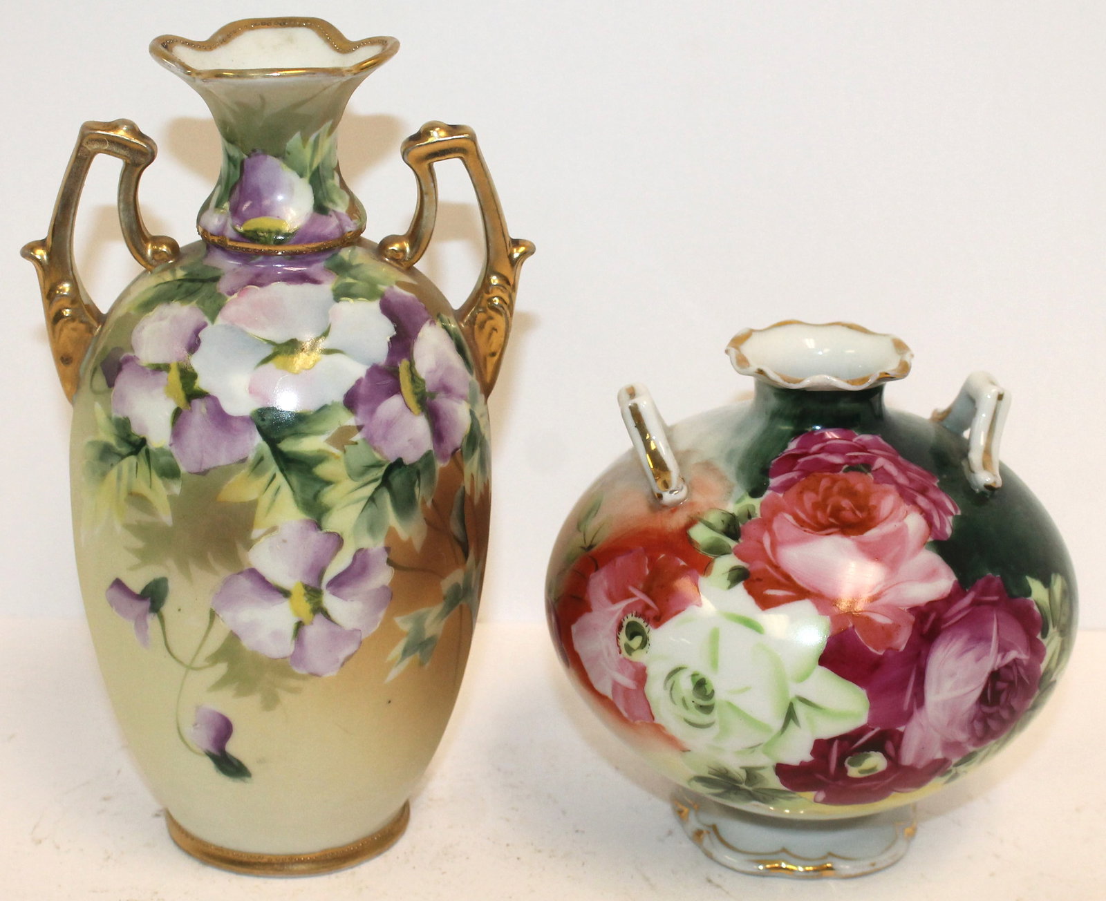 Lot of 2 hand pianted Nippon vases w floral dec -: Lot of 2 hand pianted Nippon vases w floral dec -