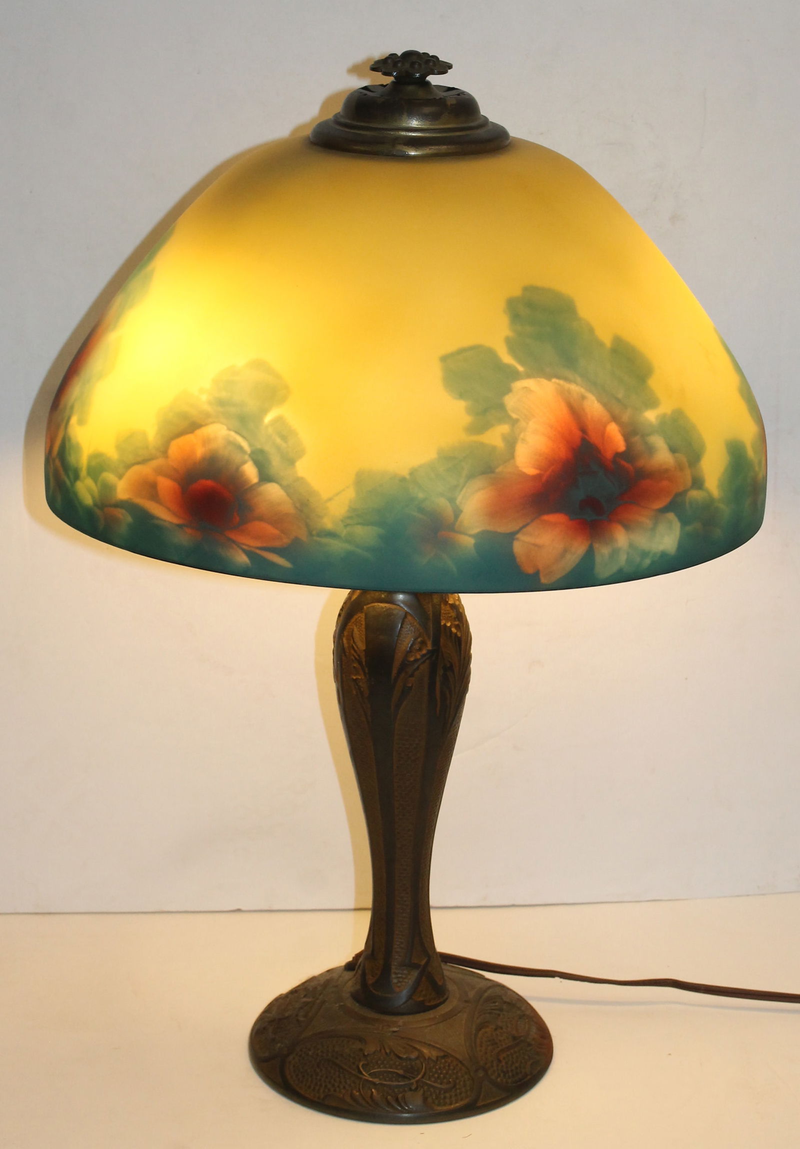 Antique Pittsburgh reverse painted table lamp w floral dec on yellow background - approx 15" shade (1 of 8)
