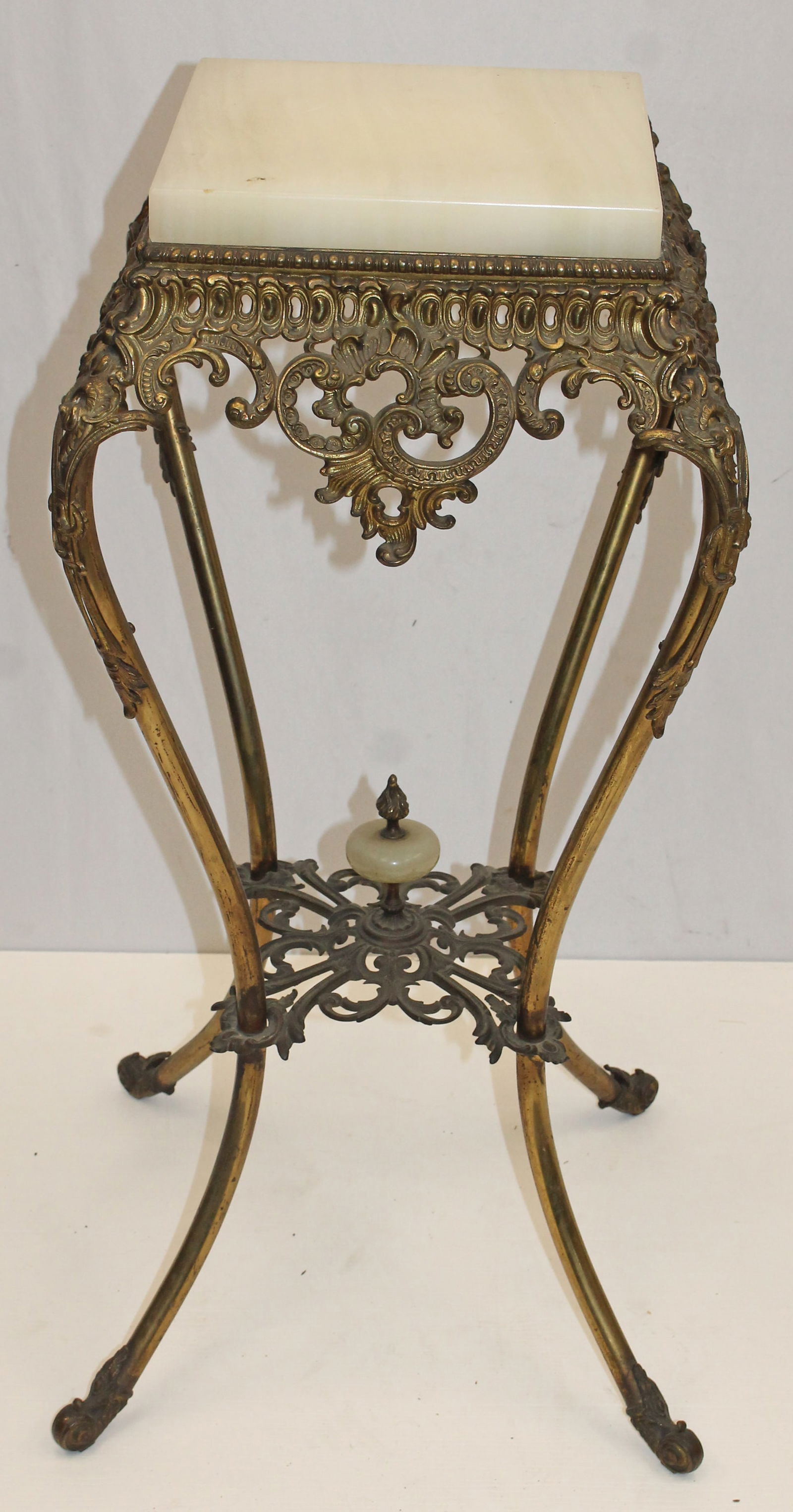 Victorian white marble top taboret on mixed metal base w brass accents - 33 1/2" tall x 15" wide x (1 of 5)