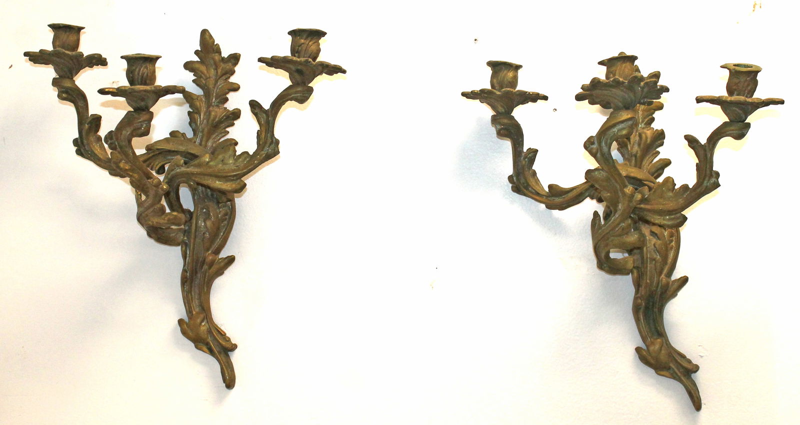Pr of Victorian brass 3 arm wall candle sconces - approx 15" tall x 13" wide (1 of 6)