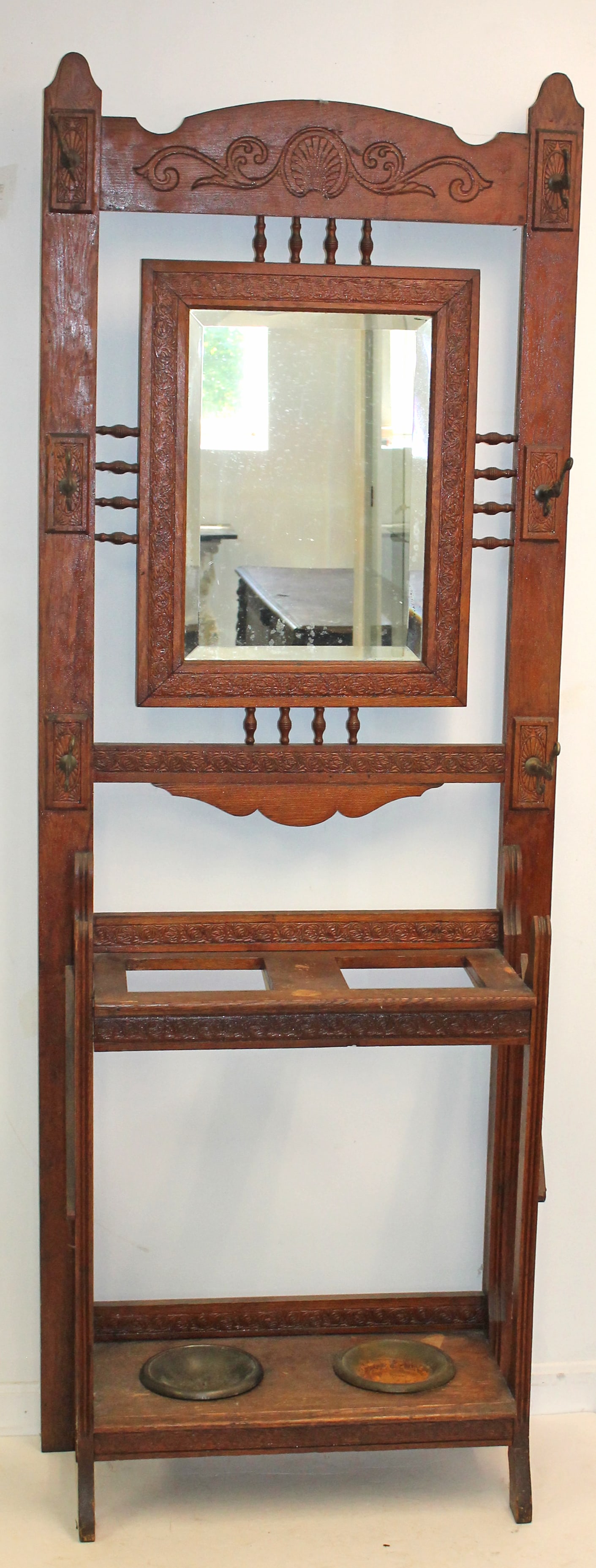 Victorian oak hall tree w beveled glass mirror - 82 1/2" tall x 30" wide x 12" deep (1 of 6)