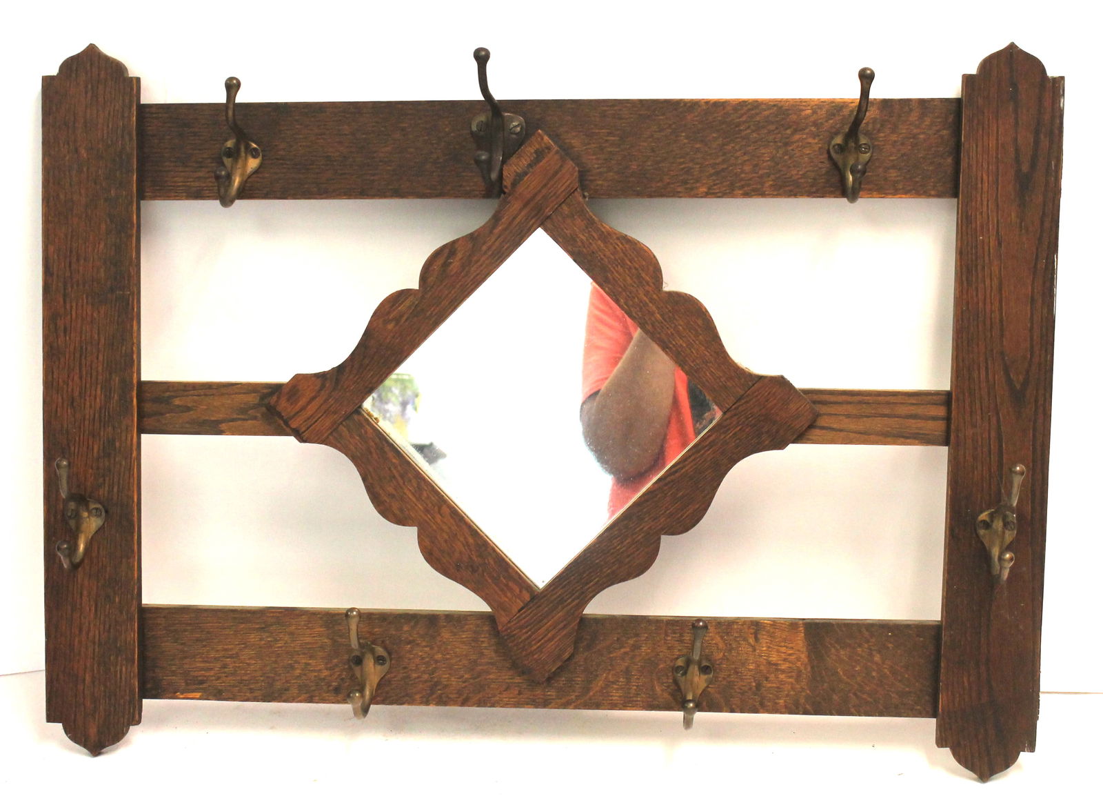 Victorian oak wall hanging coat/hat rack w mirrored back - 21" tall x 28 3/4" wide (1 of 4)