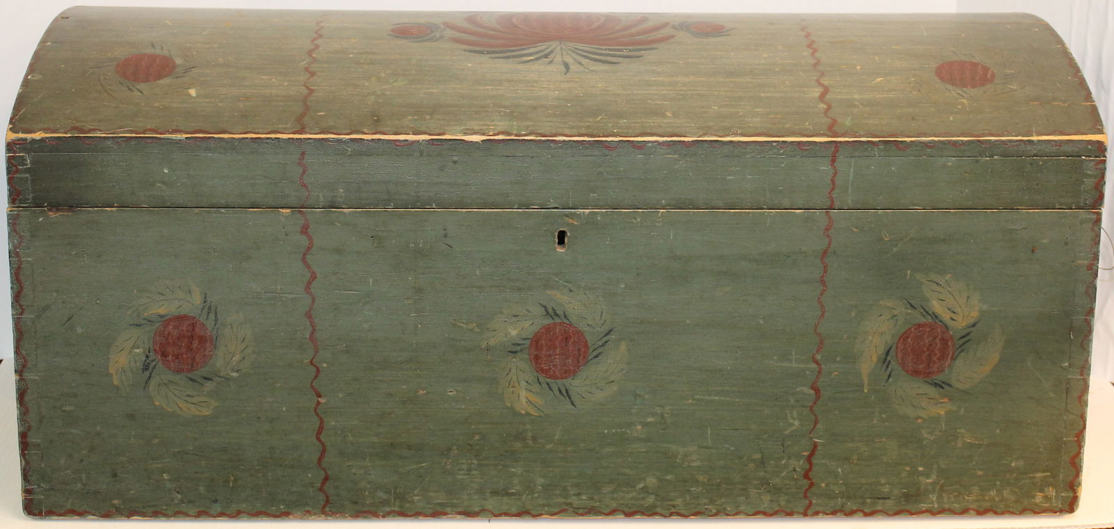 Antique dome top box in green paint w berry & circle decoration & brass handles - 13" tall x 29" (1 of 8)