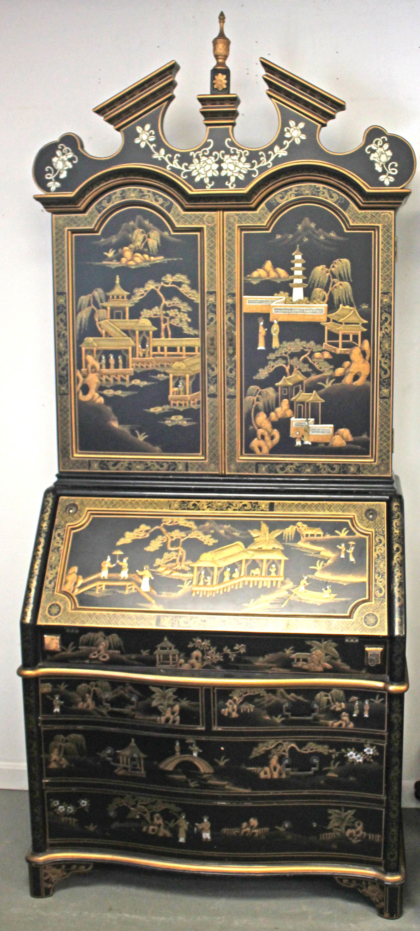 Vintage Asian black lacquer chinoisserie secretary - 90" tall x 38" wide x 21 1/2" deep (1 of 13)