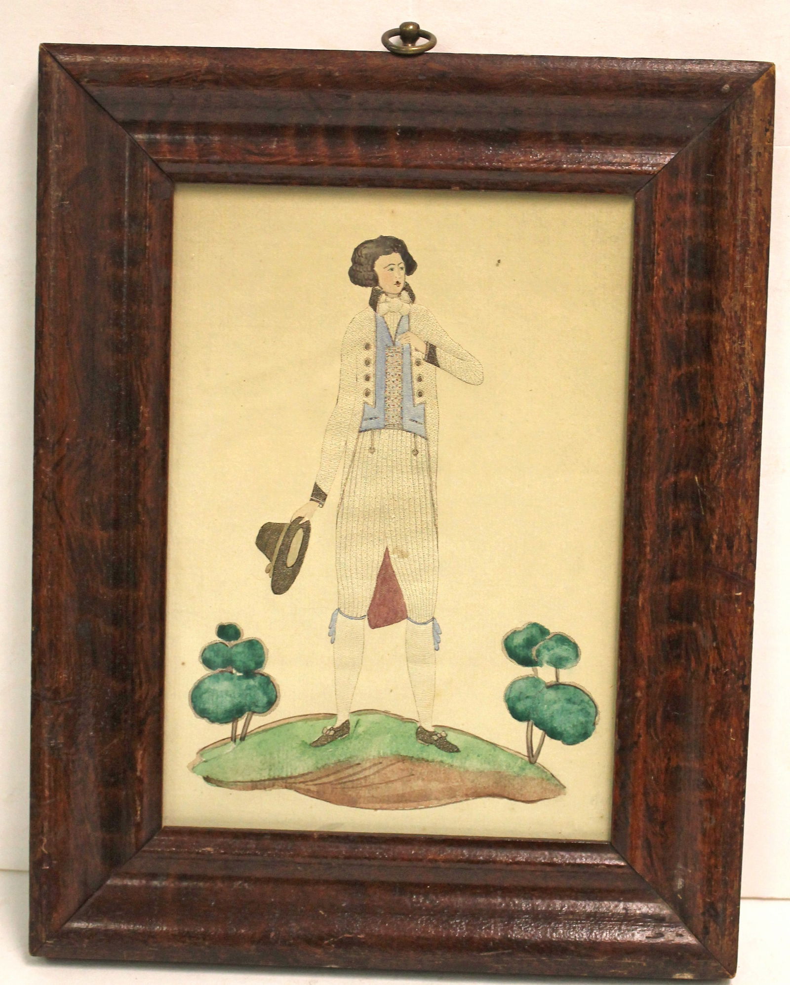 Mid 19thC w/c & pinprick on paper of a man with a hat - 13"x10 1/2" (1 of 8)