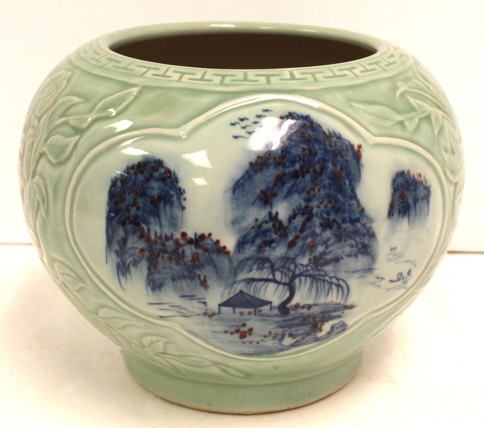 Chinese celadon porcelain vase w blue & white scenic panels & carved leaf decoration (1 of 8)