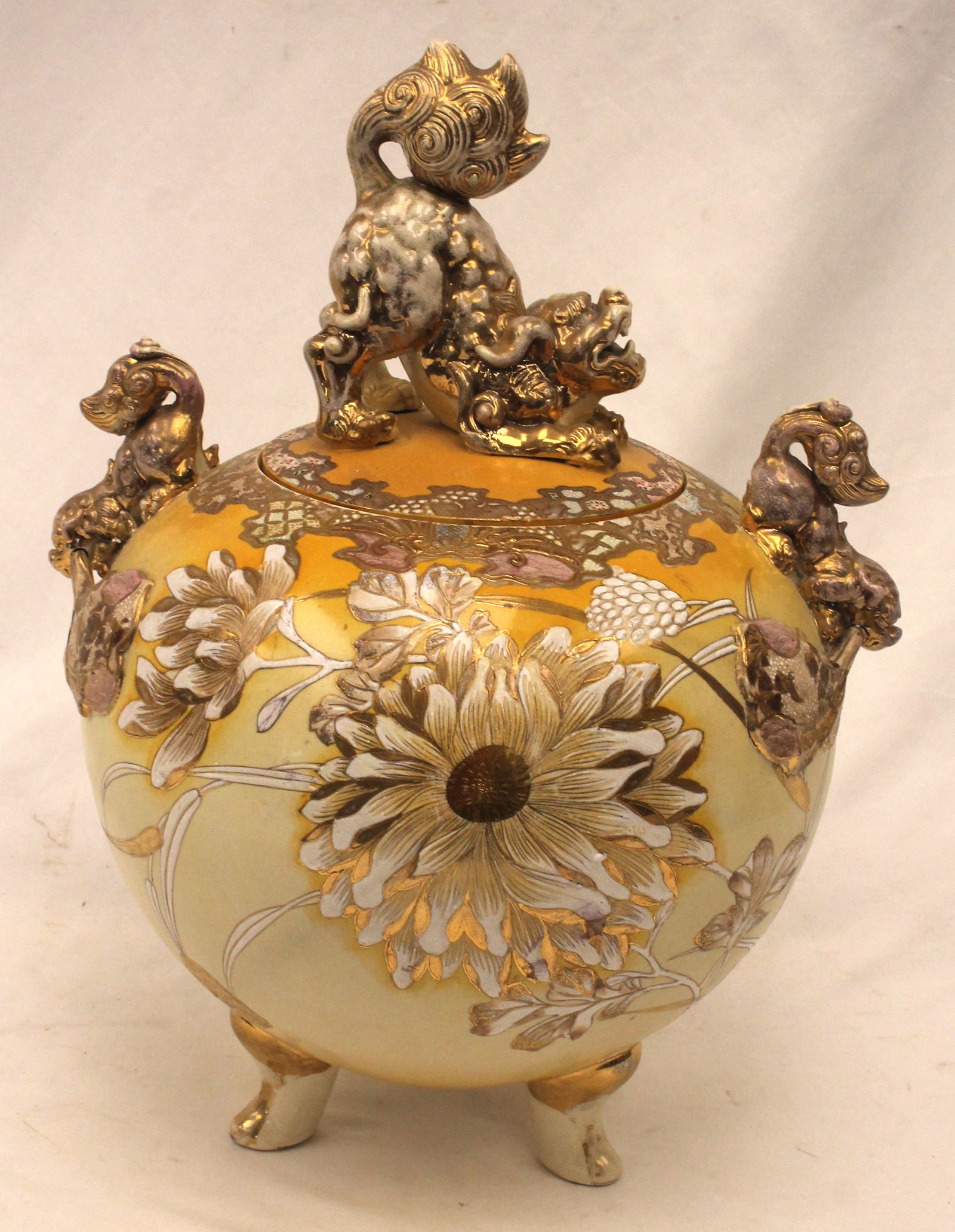 Asian porcelain large lidded jar in yellow & gold w hand painted & enameled floral dec - on 3 feet (1 of 9)