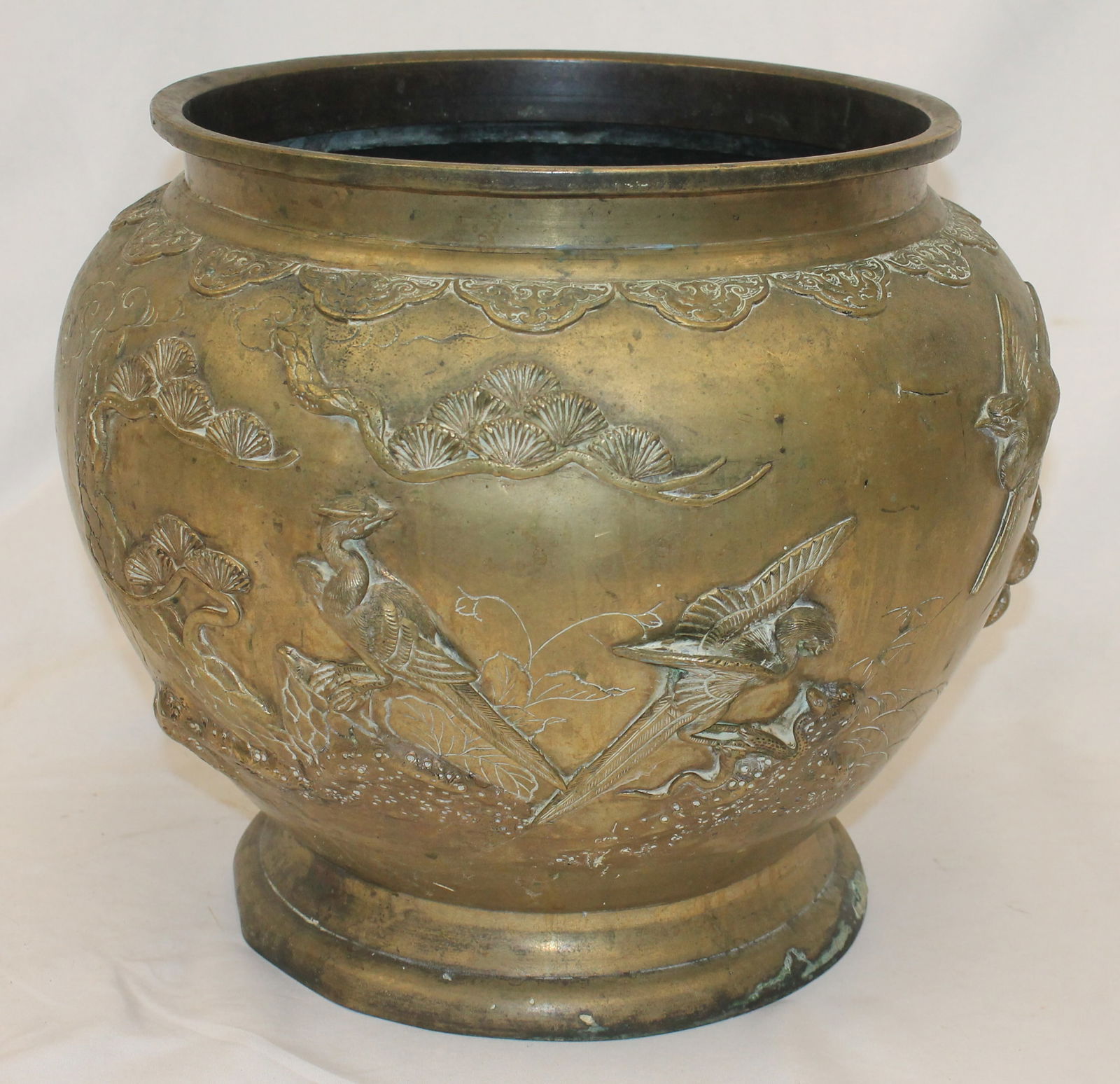 Japanese bronze planter w blown out crane & floral decoration - approx 13 1/2" tall x 15" wide (1 of 7)
