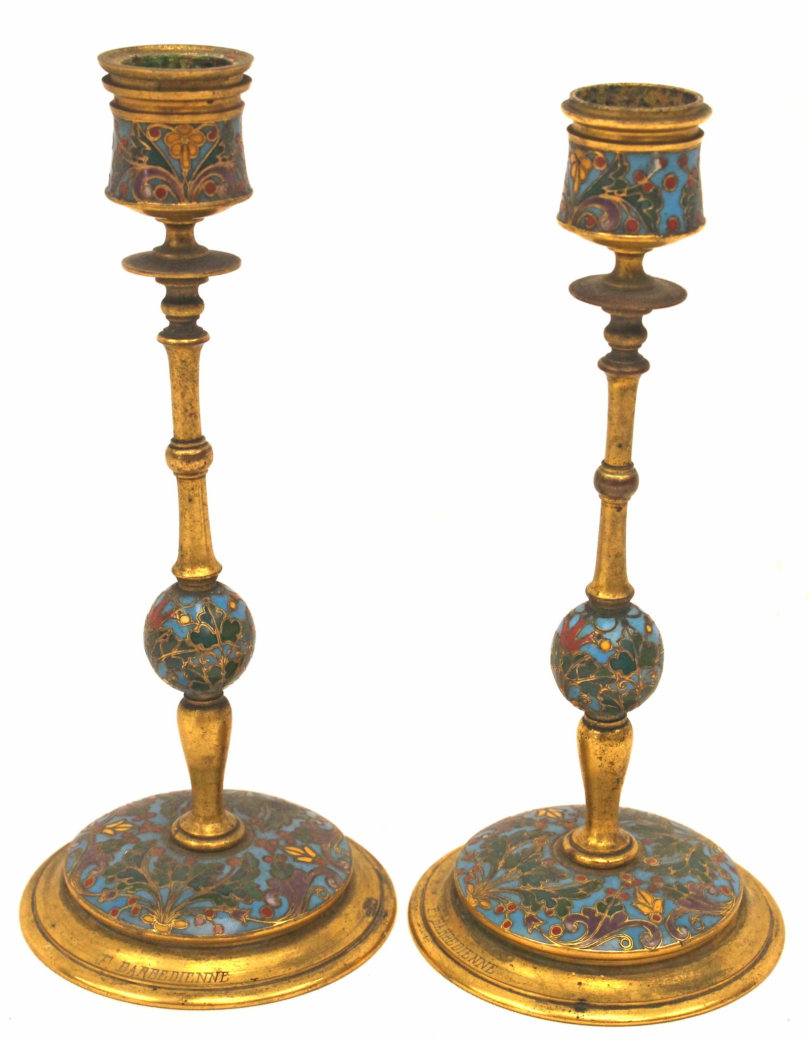 Pr of brass & cloisonne decorated candlesticks - approx 8" tall (1 of 6)
