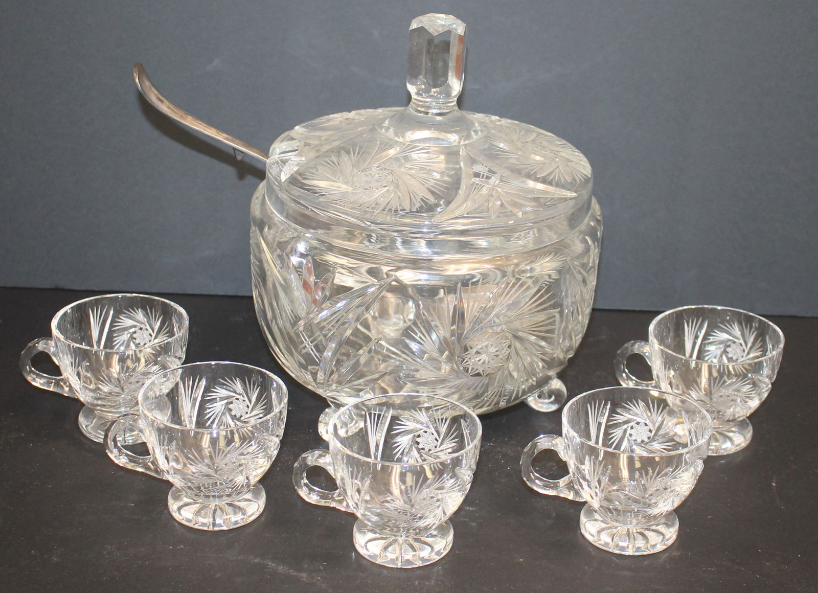 Cut glass punch bowl w lid & 5 matching cups plus silver plate ladle (1 of 8)