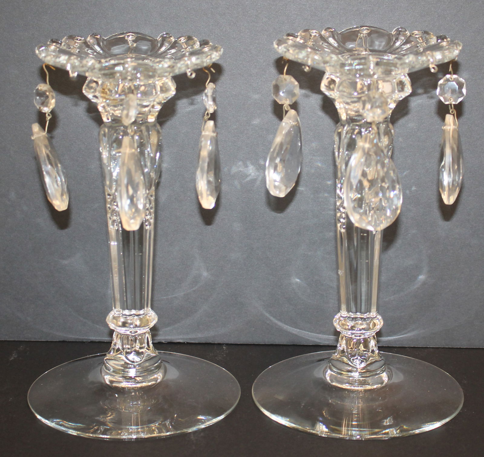 Pair of antique crystal candlesticks w hanging prisms - 8" tall (1 of 8)