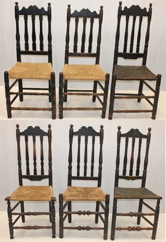 Early 18thC assembled set of 6 American bannister back chairs w bulbous turnings in black paint (1 of 19)