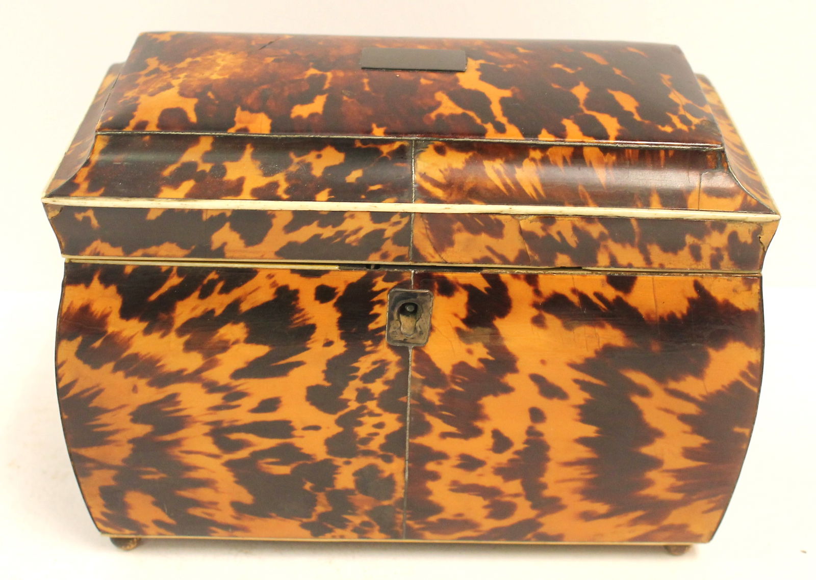 early 19thC English tortoiseshell tea caddy - missing 1 insert - 5 1/4" tall x 7" wide x 4" deep (1 of 8)