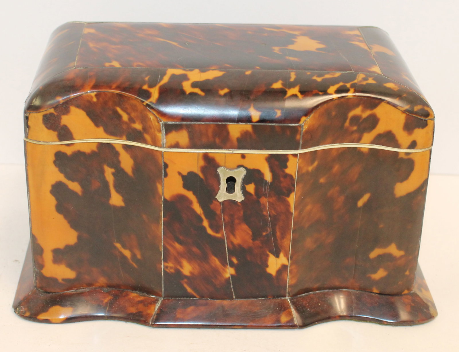 early 19thC English tortoiseshell tea caddy w ebony & bone inlay - missing insert - 4 1/2" tall x 8": early 19thC English tortoiseshell tea caddy w ebony & bone inlay - missing insert - 4 1/2" tall x 8" wide x 4 1/2" deep