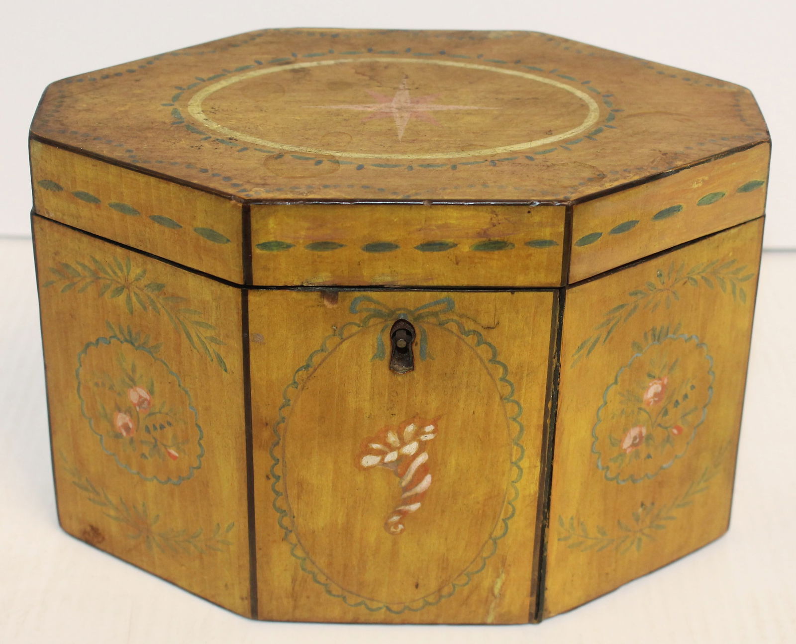 Early 19thC wooden tea caddy in orig chrome yellow paint w floral, shell & star decoration - missing (1 of 8)