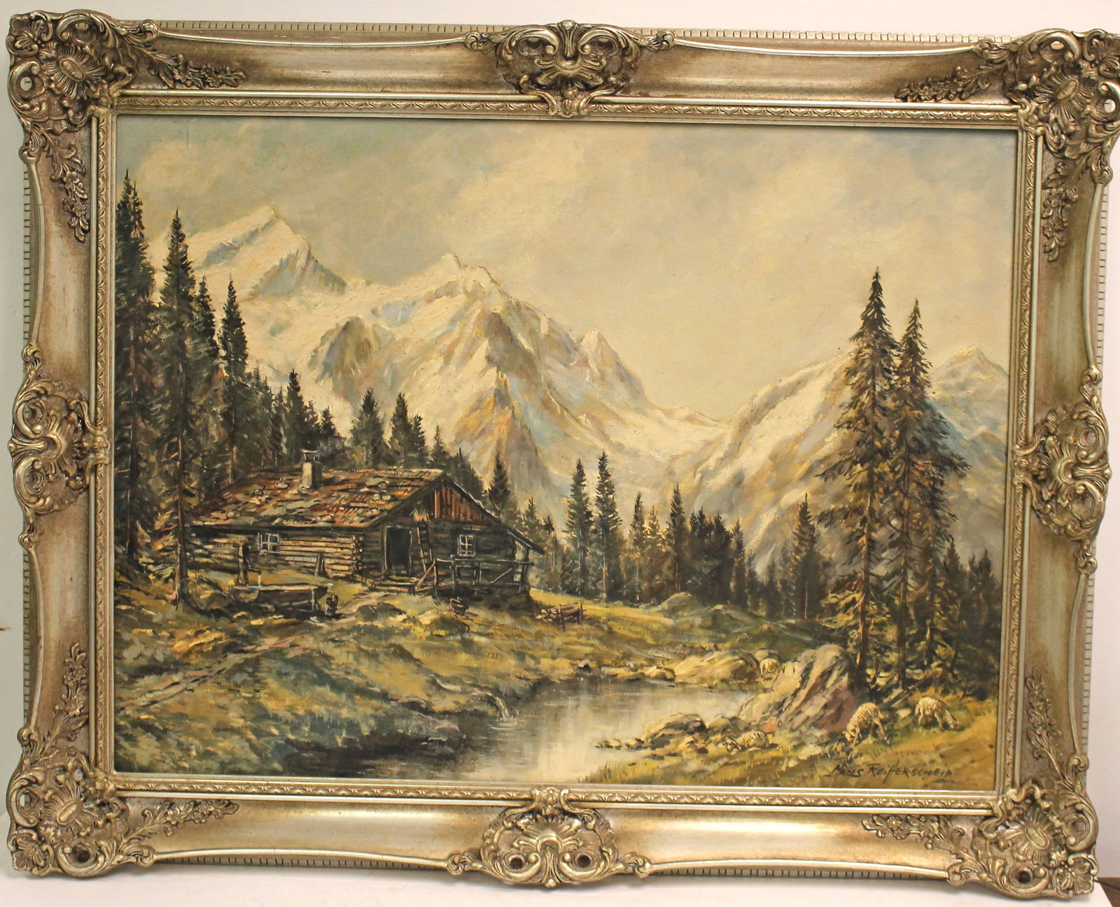 Signed Hans Reifferscheid o/c mountain lanscape with The Alps, log cabin & stream - overall framed: Signed Hans Reifferscheid o/c mountain lanscape with The Alps, log cabin & stream - overall framed size