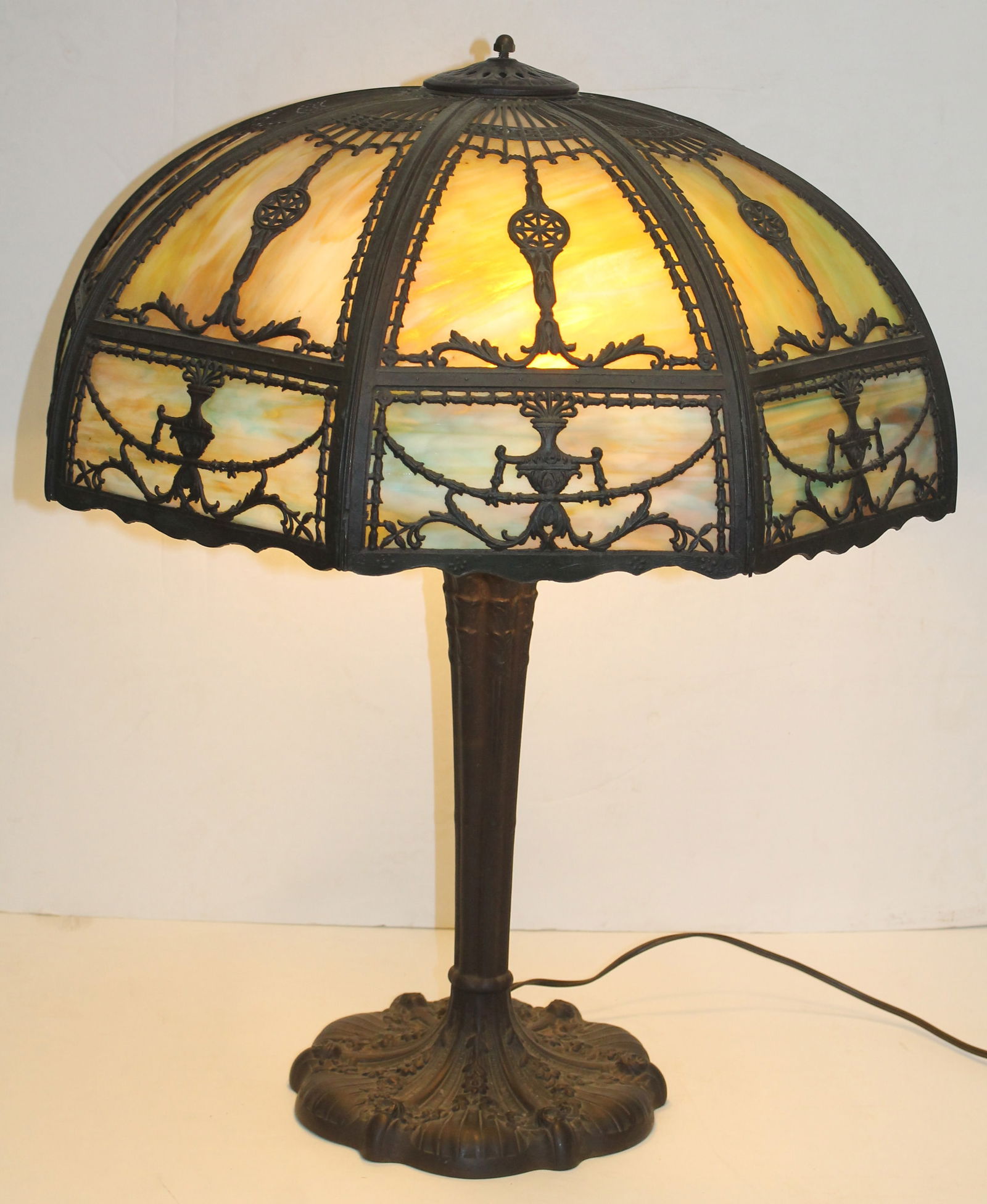 Antique bent slag glass panel lamp in green & blue w overlay on shade - 19" diam shade (1 of 6)