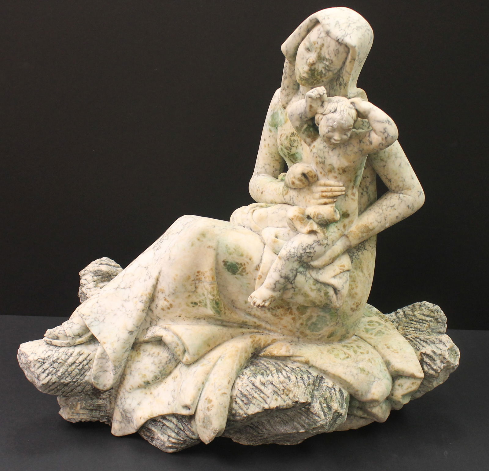 Antique marble sculpture of mother holding child sitting on a log - 19" tall x 20" wide (1 of 13)