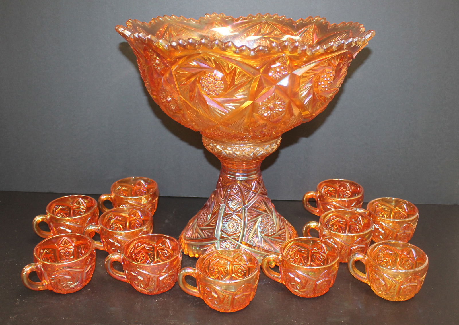 Antique Carnival glass punch bowl set w punch bowl on pedestal & 12 matching cups - 13 1/2" diam x (1 of 9)