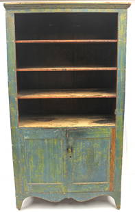 19thC 2 over 2 door cupboard w shelf interior in blue paint in various stages of being scraped - top: 19thC 2 over 2 door cupboard w shelf interior in blue paint in various stages of being scraped - top doors unattached - 78" tall x 42" wide x 20 1/2" deep