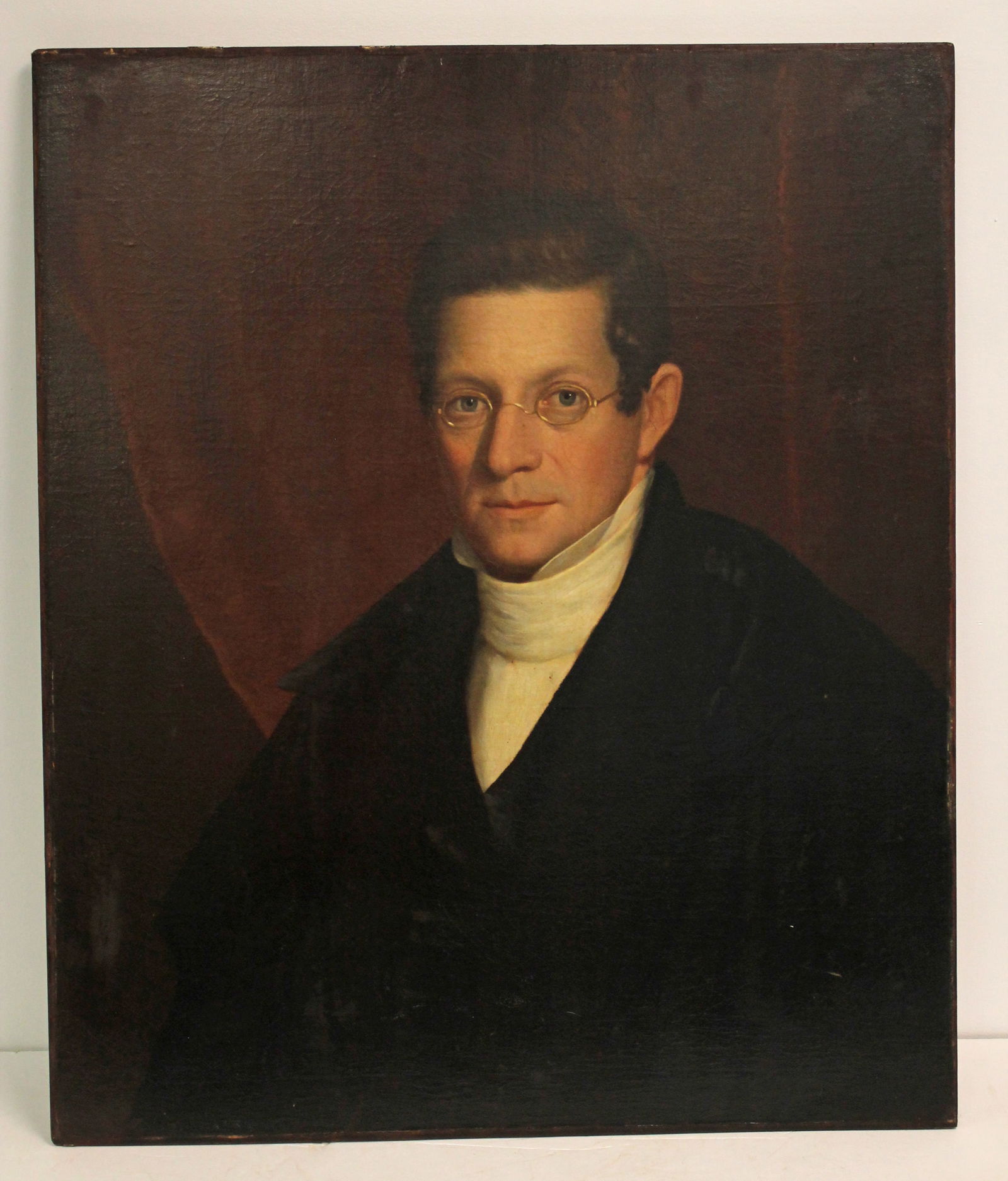 Antique o/c laid on panel portrait of a gentleman wearing spectacles - 30"x25 1/4" (1 of 6)