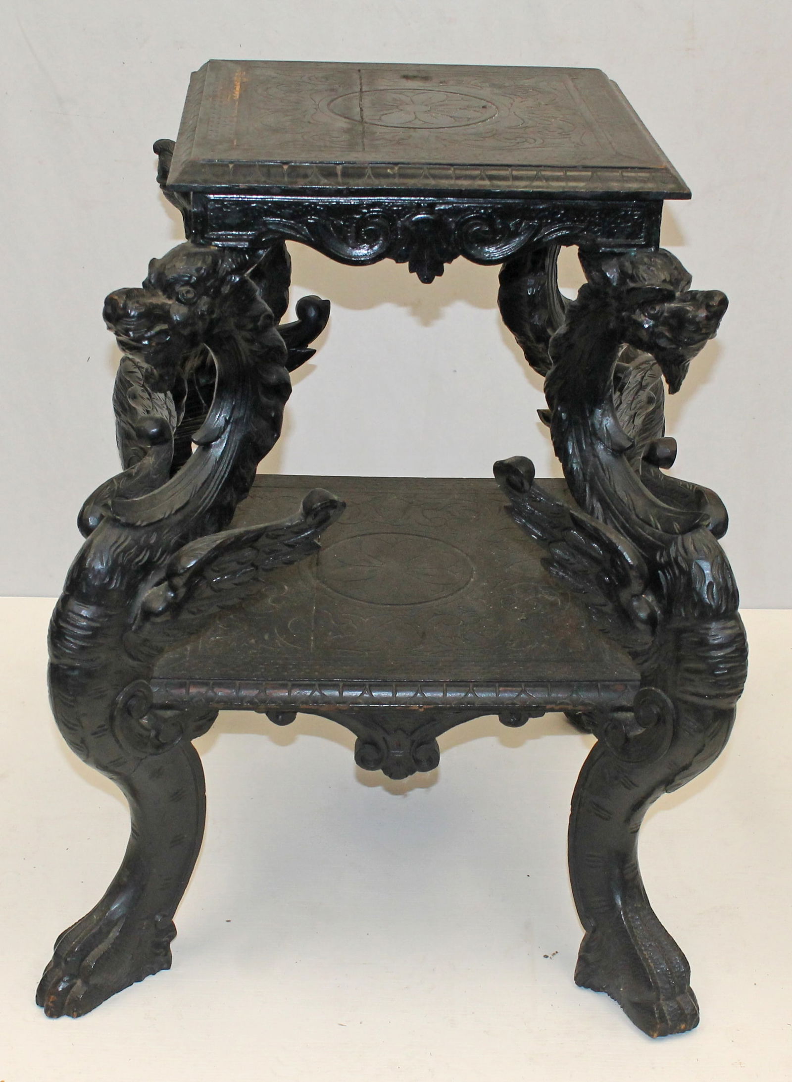 Antique Gothic carved table w dragon supports - 25" tall x 24" at widest (1 of 10)