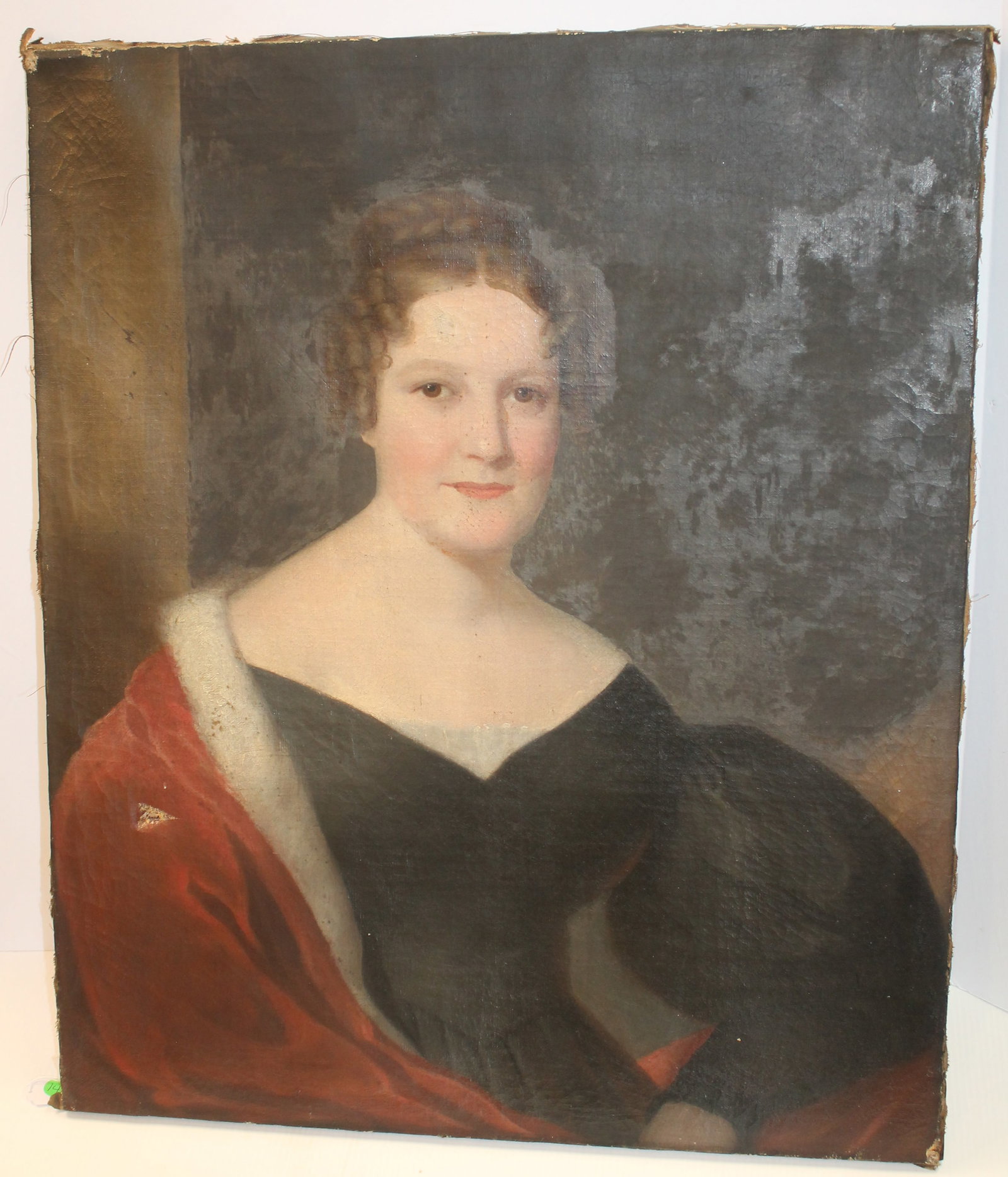 Antique o/c portrait of a woman in black dress w red shawl - as found - 30"x25" unframed: Antique o/c portrait of a woman in black dress w red shawl - as found - 30"x25" unframed