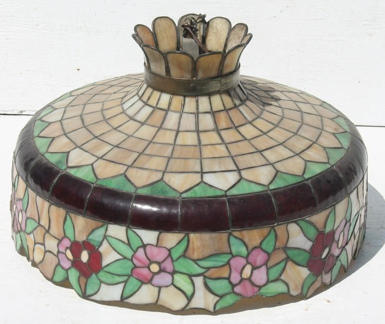 large hanging antique leaded glass light fixture with 24" shade with red and pink floral decoration (1 of 4)