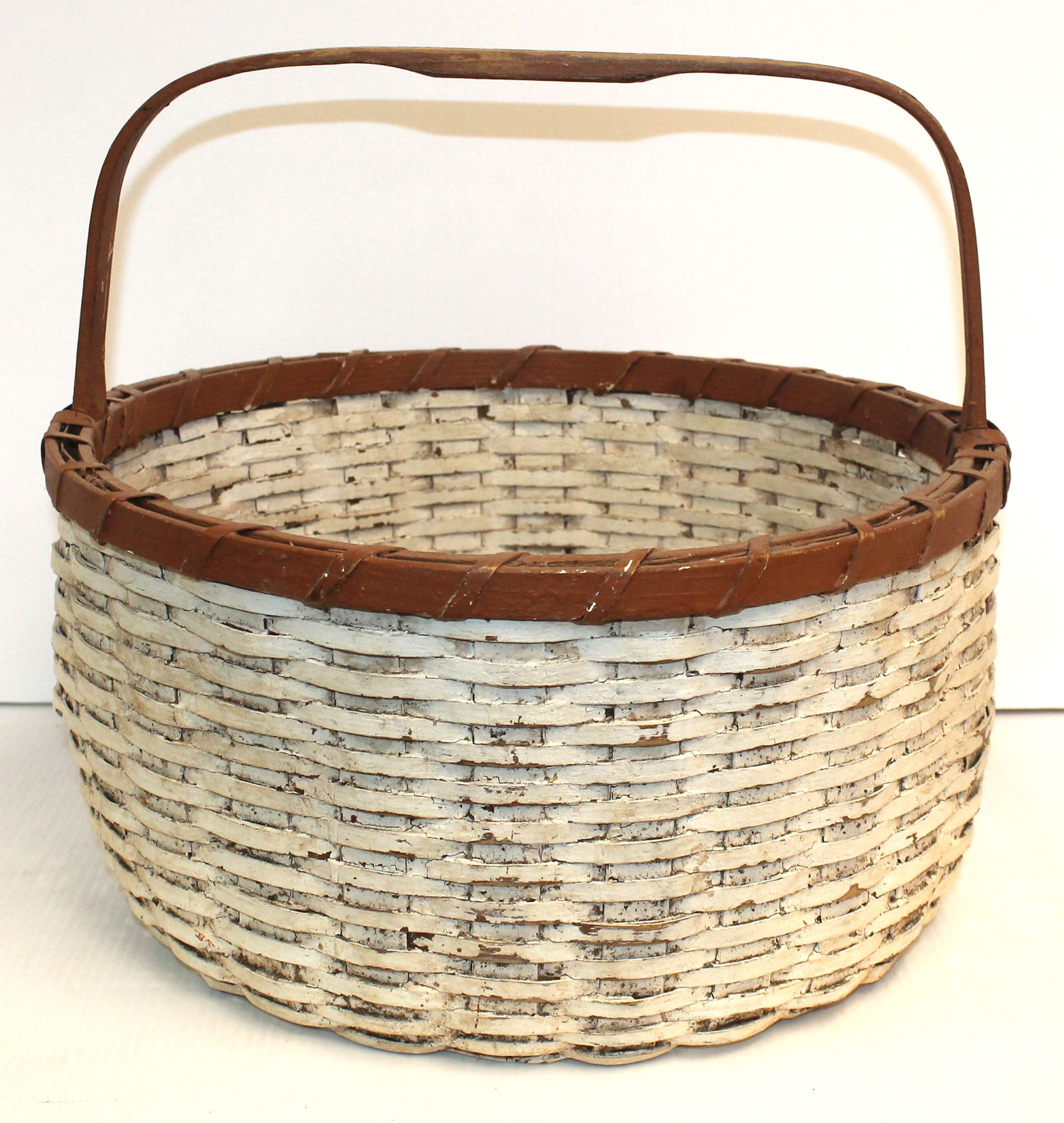 Antique fixed handled round basket in white & pumpkin paint - 11 1/2" tall x 14 1/4" diam (1 of 4)