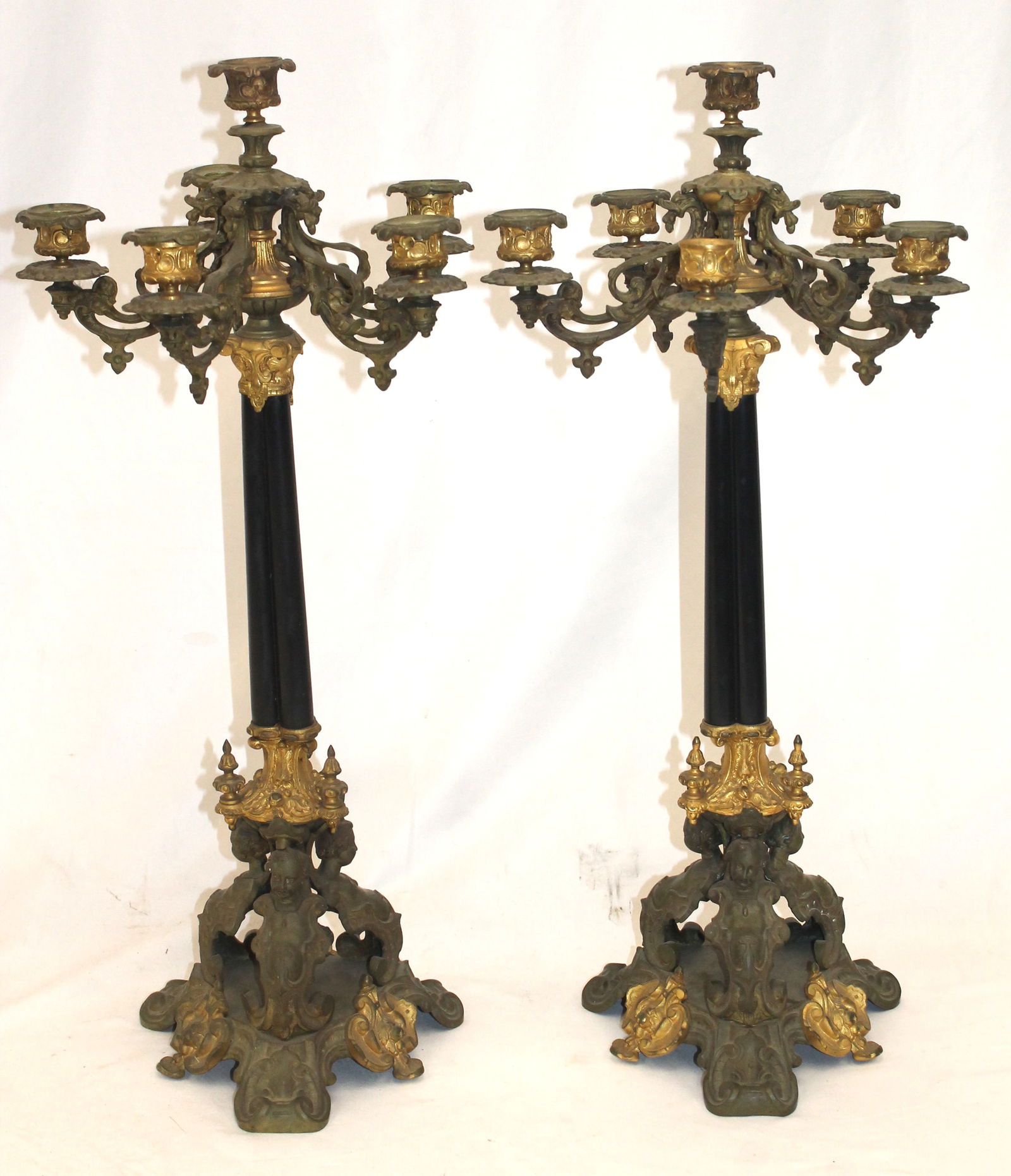 Pr of Victorian white metal candelabra w windblower face decoration & black stone shafts - 25" tall (1 of 7)