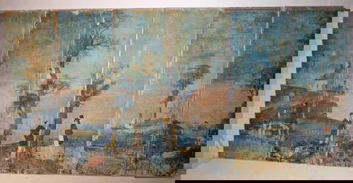 Wonderful early 19thC oil on wallpaper mounted on canvas mural in 6 individual pieces - each is