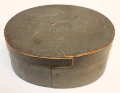 Antique oval Hingham pantry box in gray paint - stamped Levi Beal on lid - 4 3/4"x6 1/8": Antique oval Hingham pantry box in gray paint - stamped Levi Beal on lid - 4 3/4"x6 1/8"