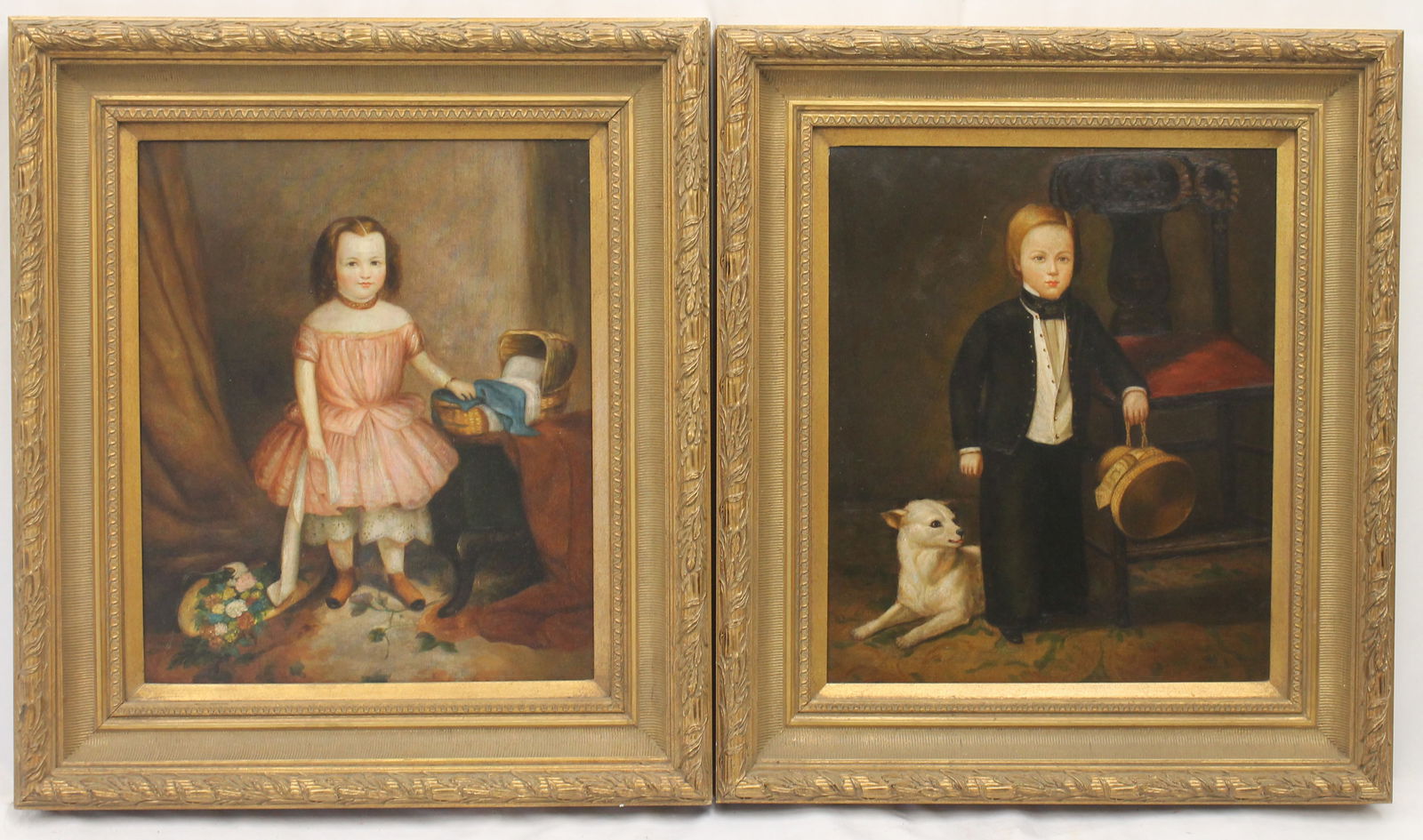 Pr of antique style (contemporary) portraits of a children - a boy in formal attire w dog & a girl (1 of 13)