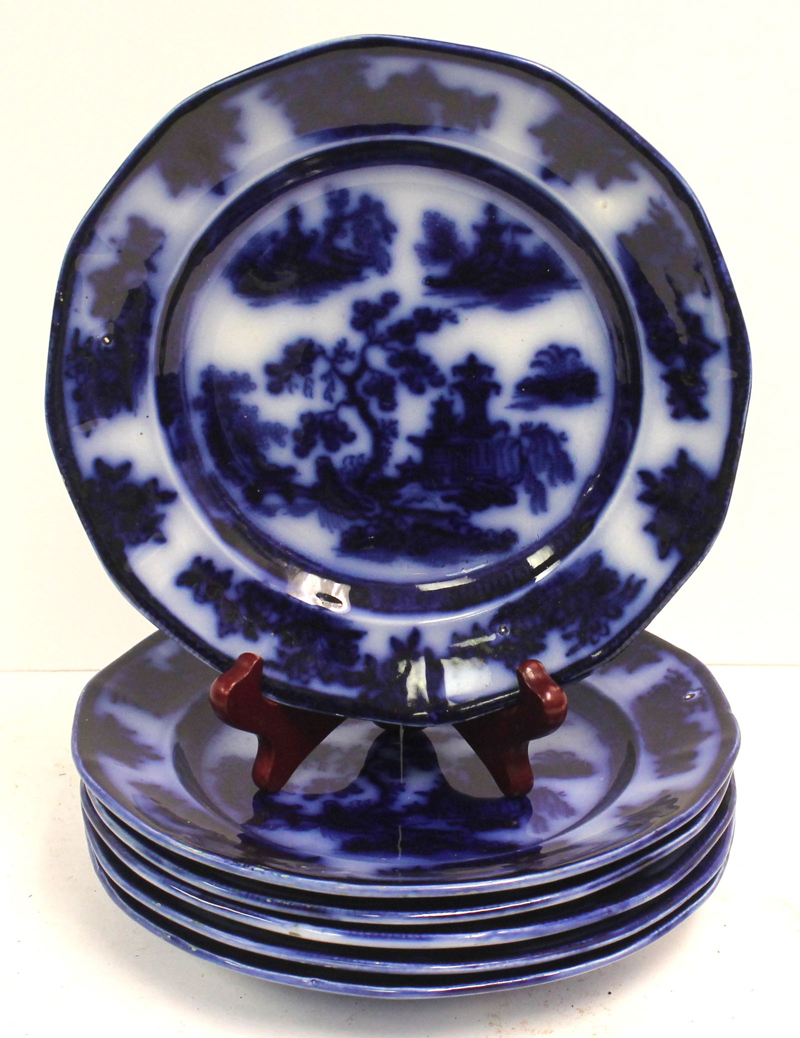 Set of 6 Flow Blue 8 1/2" plates - J. Wedgwood Ironstone Chapoo pattern (1 of 9)