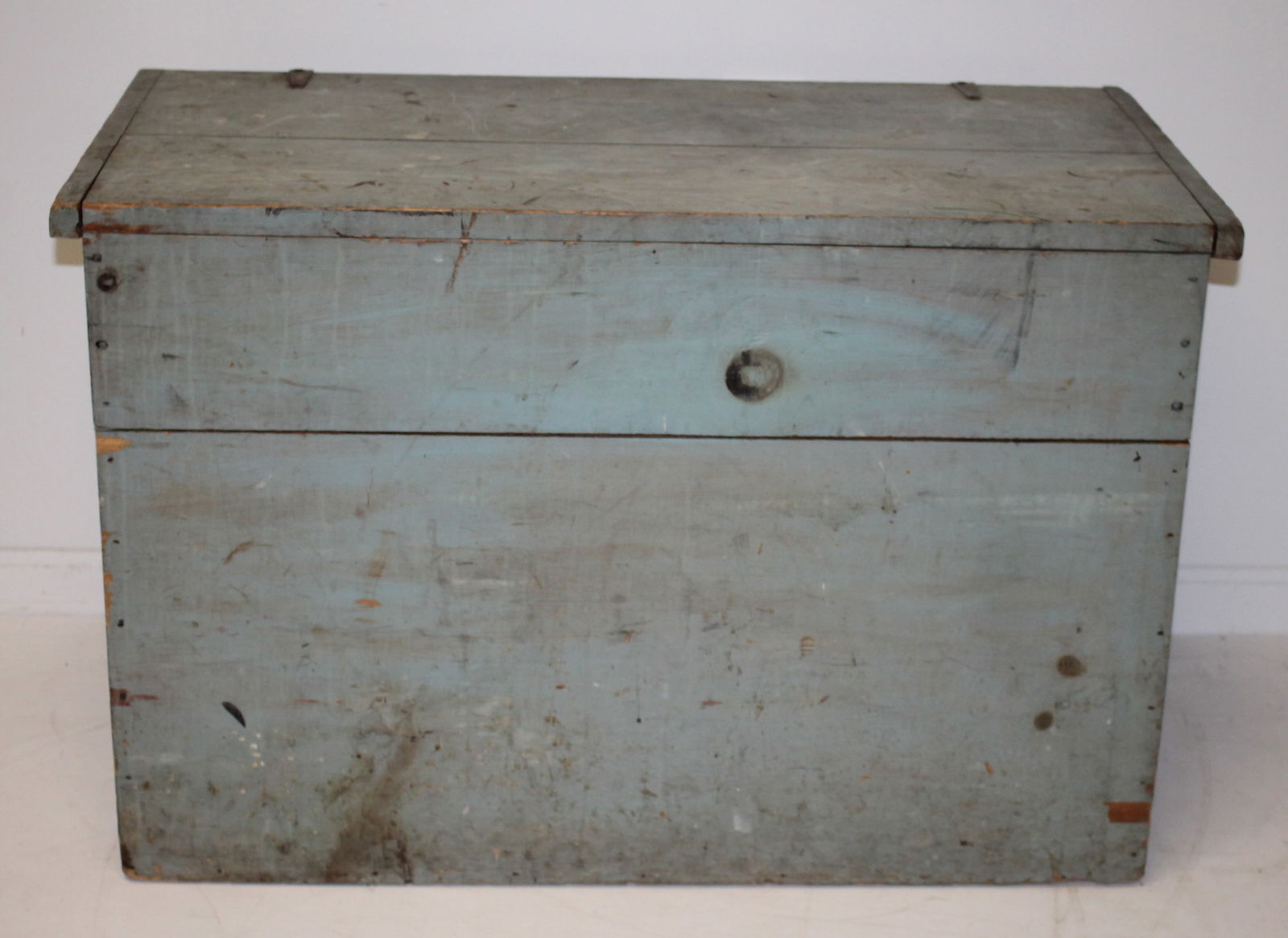 Antique tool chest in blue/green paint w iron handles - 24" tall x 37" wide x 18 1/2" deep (1 of 7)