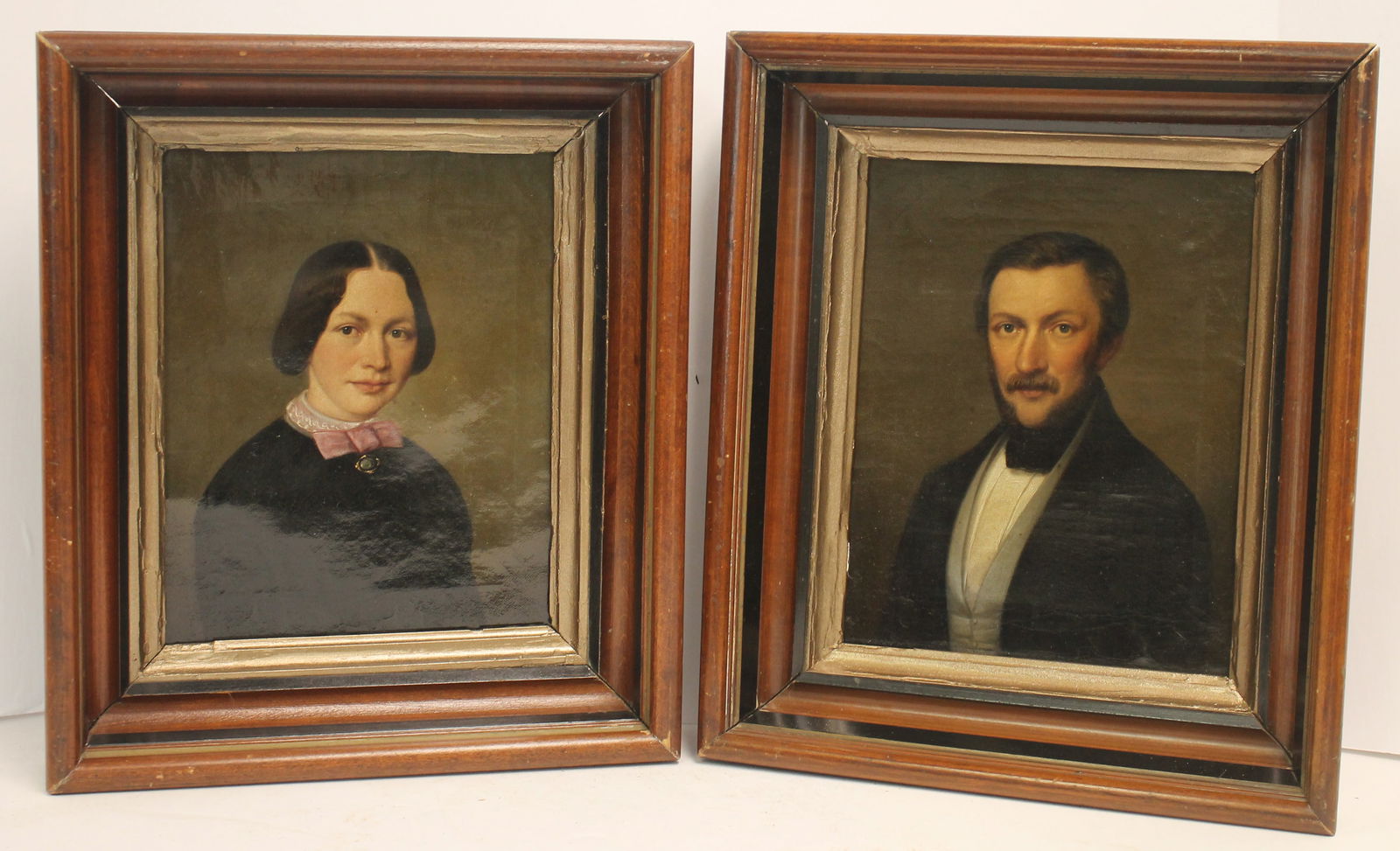 Pr of antique o/c portraits of a husband & wide in deep walnut frames - overall framed size 14"x12" (1 of 4)