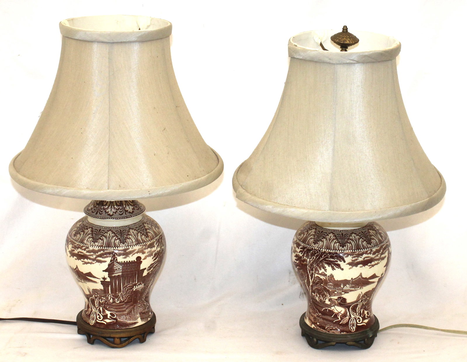 Pr of antique Staffordshire brown & white transfer lamps - overall height 18" - porcelain only is: Pr of antique Staffordshire brown & white transfer lamps - overall height 18" - porcelain only is approx 7 3/4"