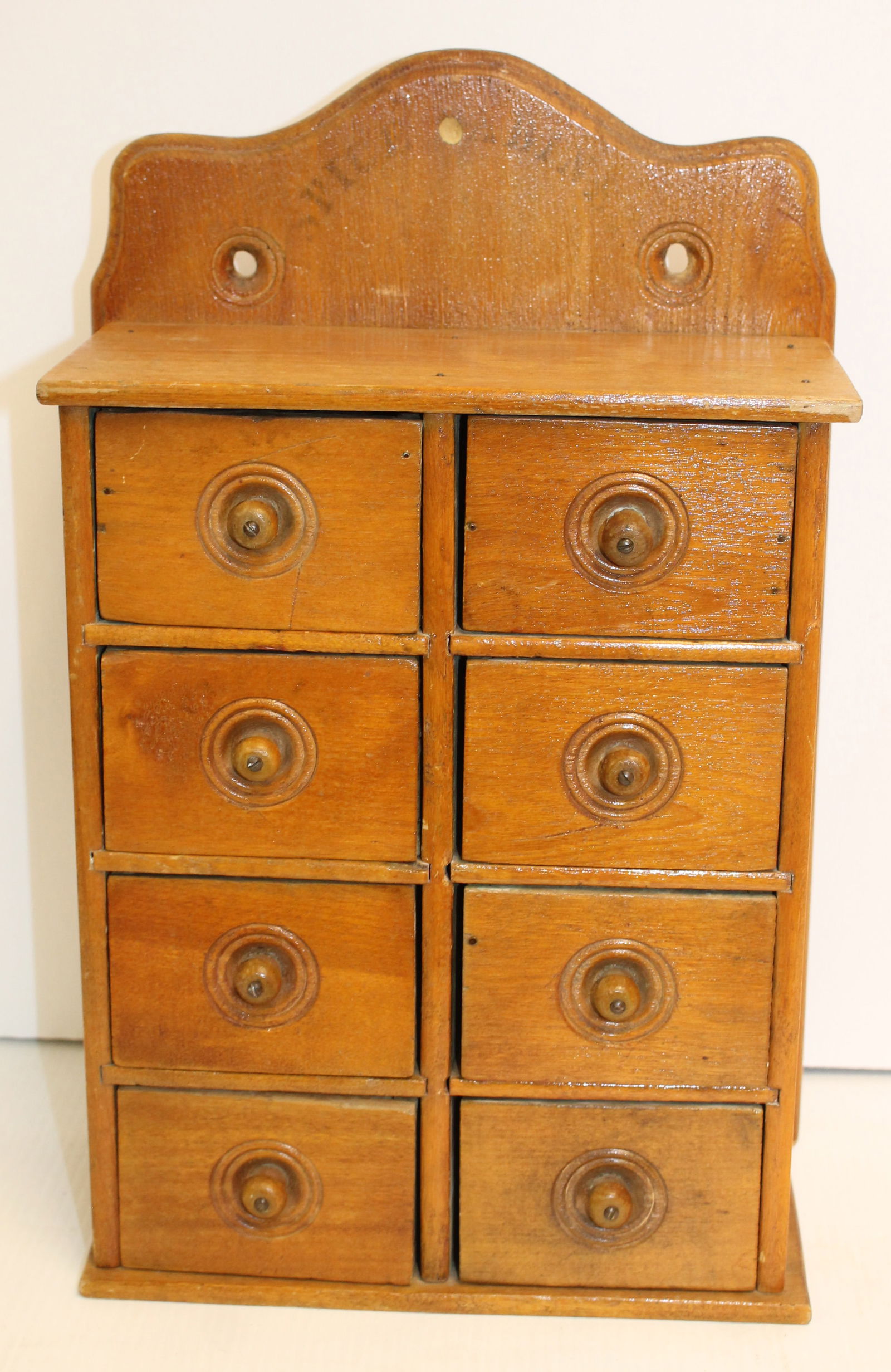 Antique small 8 drawer spice chest w wooden knobs - 16 1/2" tall x 10" wide x 5" deep (1 of 6)
