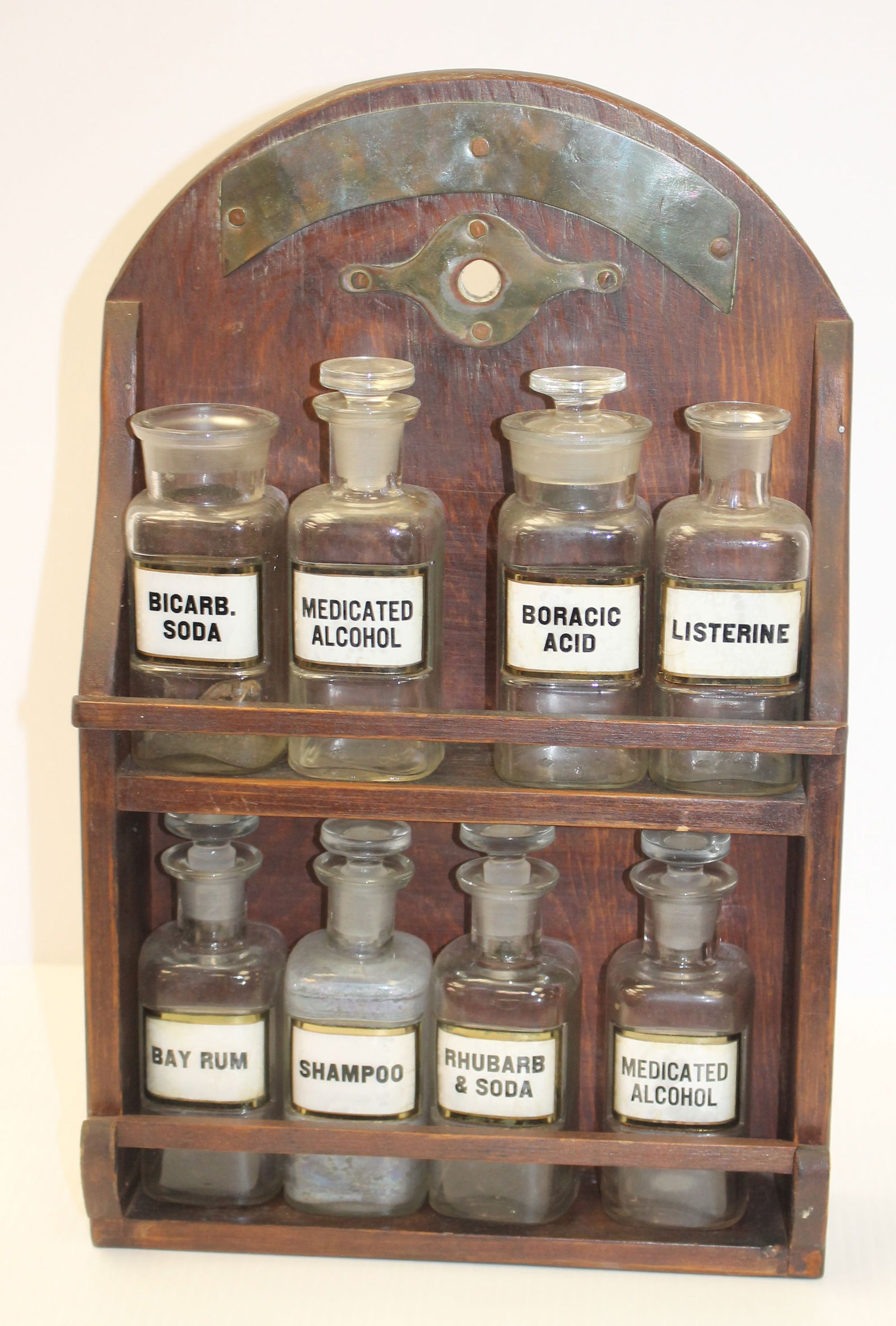 Antique hanging apothecary rack w 8 glass apothecary bottles - 16" tall x 9 1/2" wide x 3" deep (1 of 4)