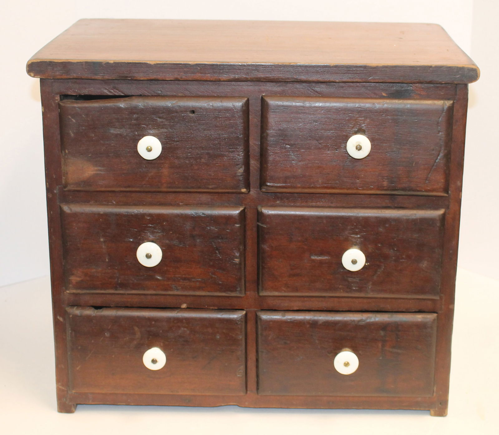 Antique small 6 drawer apothecary chest w white porcelain knobs - 17" tall x19 1/2" wide x 12 1/2" (1 of 9)