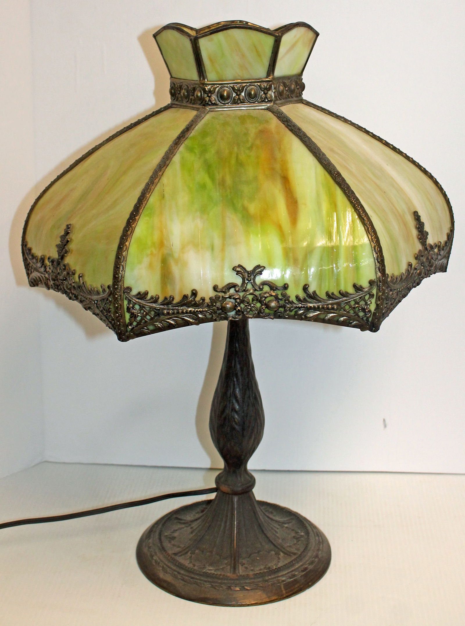 Antique green slag bent glass panel lamp - 15" shade (1 of 6)