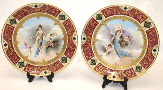 Pair of KPM porcelain 11 1/2" plates w red borders & hand painted angels & cherubs center motif: Pair of KPM porcelain 11 1/2" plates w red borders & hand painted angels & cherubs center motif