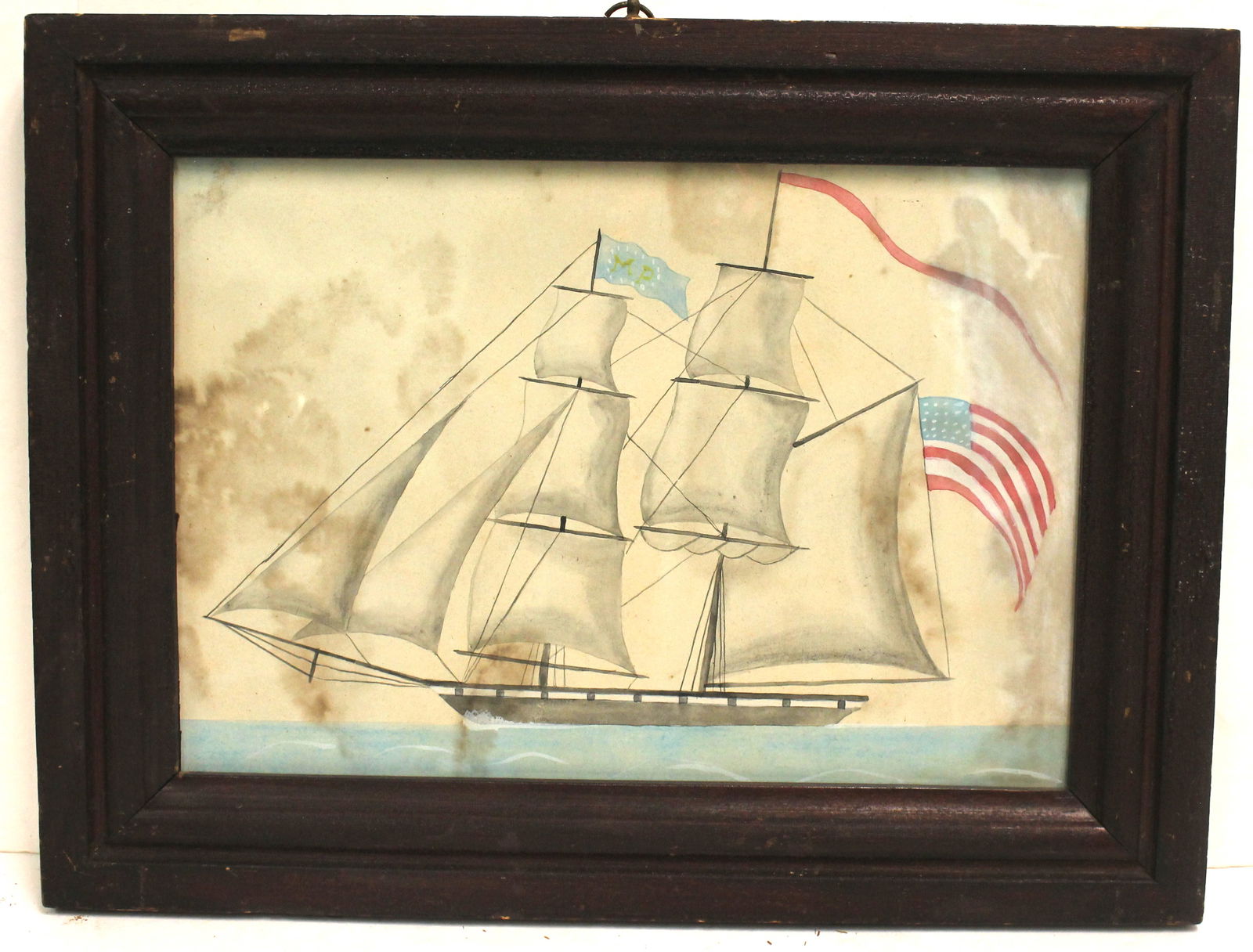 Folk Art w/c of a ship w American Flag in great frame - overal framed size 13"x17" (1 of 5)